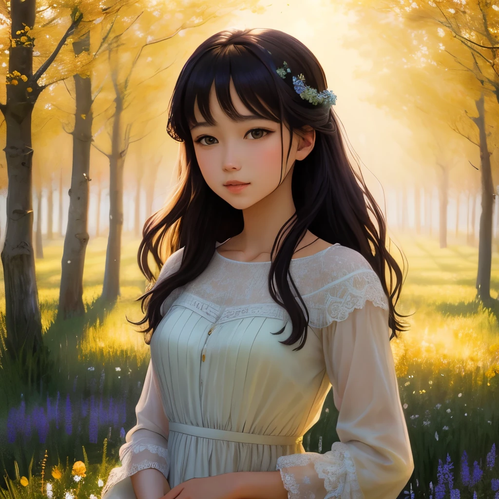 A picture depicting a beautiful girl in a natural environment, Surrounded by colorful flower fields. Soft luminosity, Golden sunlight shines through the trees, Creates a soft glow on your face. The girl has grown up, loose hair, Her expressive eyes convey calm and tranquility. She wore an elegant dress, Pastel colors and delicate floral patterns. The images have realistic and impressionistic styles, Reminiscent of paintings by artists such as Monet and Renoir. In the background, There is a gentle countryside, There are green mountains and blue sky. combination of pastel colors, Captivating brilliance and exquisite details convey a sense of beauty and serenity