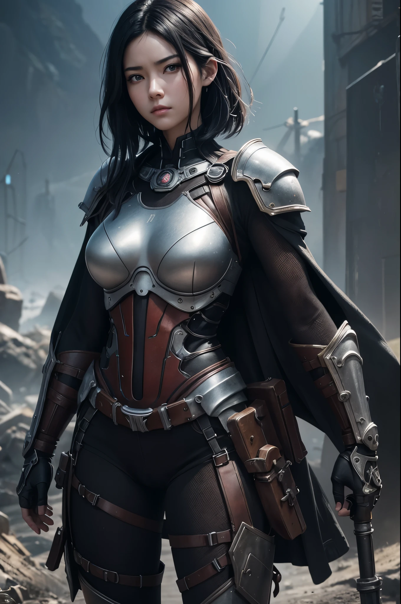8K、Mechanical Lloyd with short black hair、skeleton mechanical roid girl、girl with exposed skeleton、detailed digital anime art、Glowing LED(effect)U3D rendering character art 8K、photorealistic girl rendering、8K high quality detail art、2。5d cgi anime fantasy artwork、Beautiful girl mechanical roid、Guweiz style artwork,超A high resolution,Super realistic texture,masterpiece,Photorealistic RAW photos of the highest quality。bright colors,rich colors, Backlight, cinematic lighting, film grain, to be born, 50MM lens, Nikon D850,super realistic skin,fantasy art,character art,ultra high resolution,realistic scale skin,Perfect hand shape,view audience,beautiful expression,Close-up,Camera eye effect with red left eye),Mechanical parts are exposed in several places.,medieval mountainous region,brown and black adventurer equipment,terminator,wilderness,dynamic pose,wrestle,take a stand,give a sharp look,angry expression,長くて大きな矛をtake a stand,
