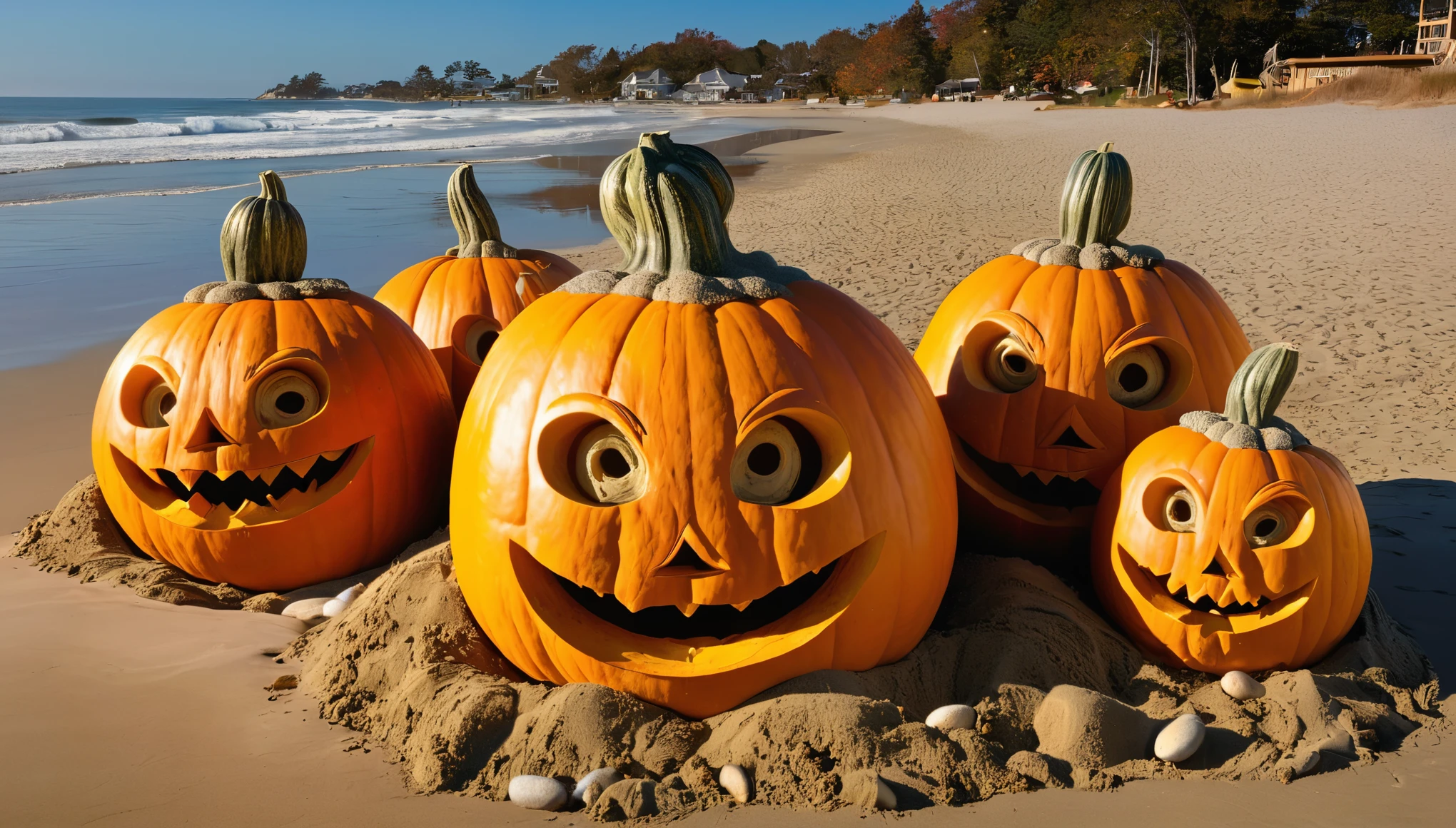 arafed pumpkins are piled on a beach with a large head, a surrealist sculpture by Ron English, shutterstock, surrealism, pumpkin head, sand sculpture, scary monster statues, creepy carved expression, greg hildebrant, jack - o'- lantern, stunning artwork, amazing!, (fantasy), lisa kristine, pumpkins, crazy detailed