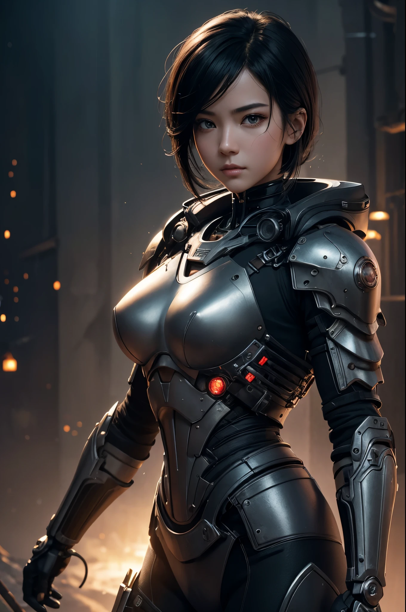 8K、Mechanical Lloyd with short black hair、skeleton mechanical roid girl、girl with exposed skeleton、detailed digital anime art、Glowing LED(effect)U3D rendering character art 8K、photorealistic girl rendering、8K high quality detail art、2。5d cgi anime fantasy artwork、Beautiful girl mechanical roid、Guweiz style artwork,超A high resolution,Super realistic texture,masterpiece,Photorealistic RAW photos of the highest quality。bright colors,rich colors, Backlight, cinematic lighting, film grain, to be born, 50MM lens, Nikon D850,super realistic skin,fantasy art,character art,ultra high resolution,realistic scale skin,Perfect hand shape,view audience,beautiful expression,Close-up,Camera eye effect with red left eye),Mechanical parts are exposed in several places.,medieval mountainous region,brown and black adventurer equipment,terminator,wilderness,dynamic pose,wrestle,take a stand,give a sharp look,angry expression,長くて大きな矛をtake a stand,