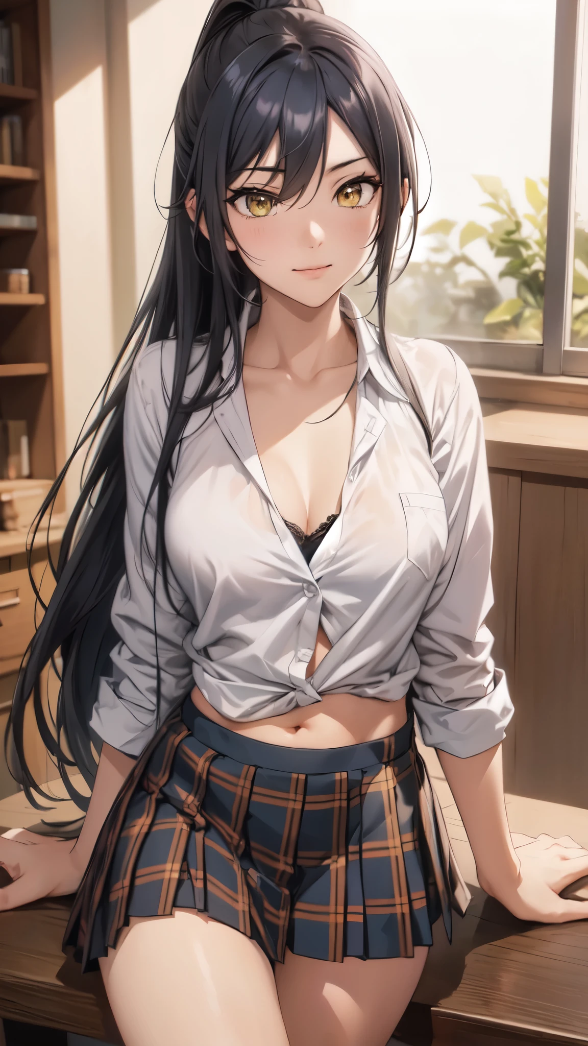 sakuyashirase, sakuya shirase, black hair, hair between eyes, long hair, (ponytail:1.3), (yellow eyes:1.5),
break collarbone, (green tie), green skirt, tie, open collar, plaid, (plaid skirt, pleated skirt), shirt, skirt, (white shirt),(reveal the hem of the shirt:1.4),(black bra:1.3),(open jycket),open clothes,
break looking at viewer, full body,(smile),
break indoors, classroom,
break (masterpiece:1.2), highest quality, High resolution, unity 8k wallpaper, (figure:0.8),vivid color, (detailed and beautiful eyes:1.4), highly detailed face, perfect lighting, Very detailed CG, (perfect hands, perfect anatomy),(Aesthetic Anime Eyes)