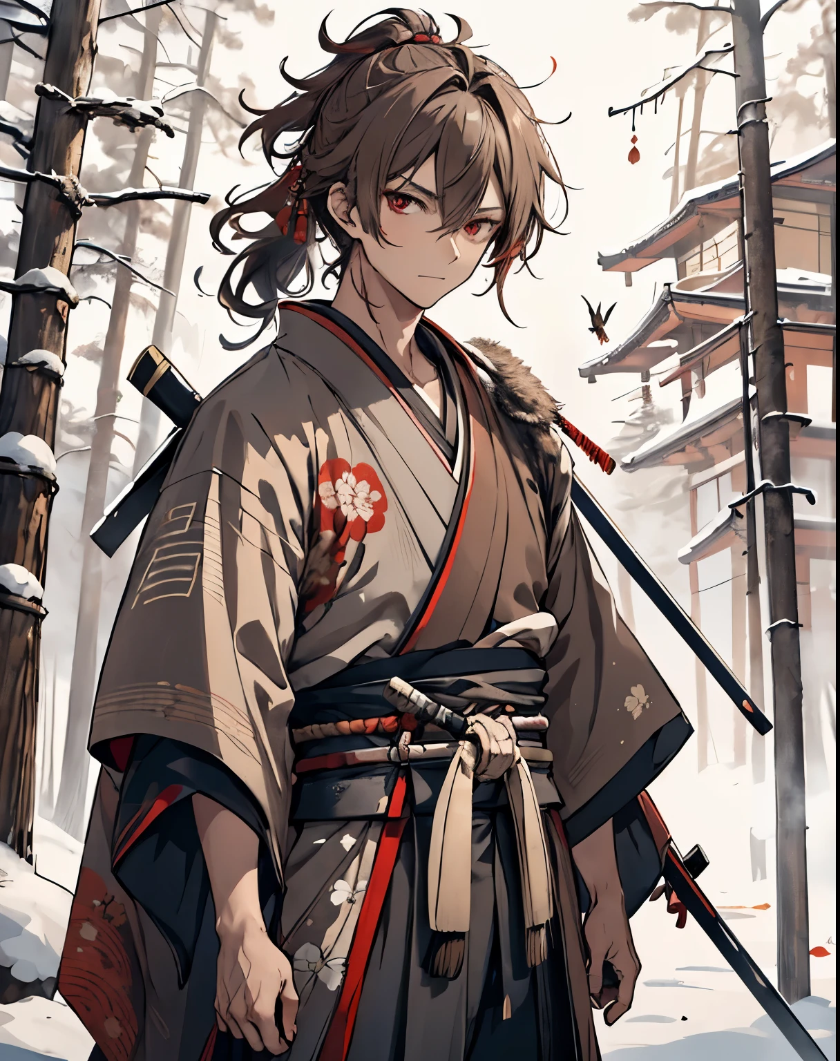 masterpiece, 1men, sparrow, a brown haired men, wearing red samurai kimono, curly medium hair, messy hair, slim body, wearing haori, he close her left eye, shirt ornament, serious expression, red eyes, stand at snowy forest, ahoge, grey haori, beautiful eyes, samurai, low ponytail, long sleeves