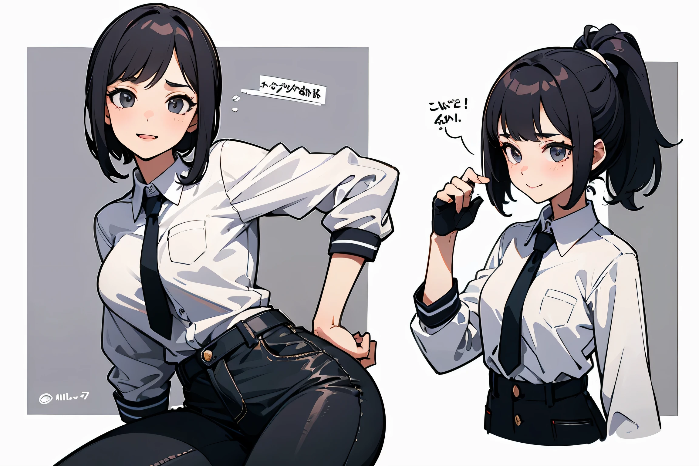highest quality, Detailed face, Character Sheet,(((Young woman:1.5))), ((whole body:1.2)), Full of details, Multiple postures and facial expressions, very detailed, Depth, ung woman, without bangs, (white ponytail hair, Gray sexy eyes, Straight hair, white shirt and black tie, fury Jacket looks, medium breasts, High neckline, strap, Suspense, Skinny black jeans, White running shoes, cute style, sexy smile and pose,Discolored skin, ,