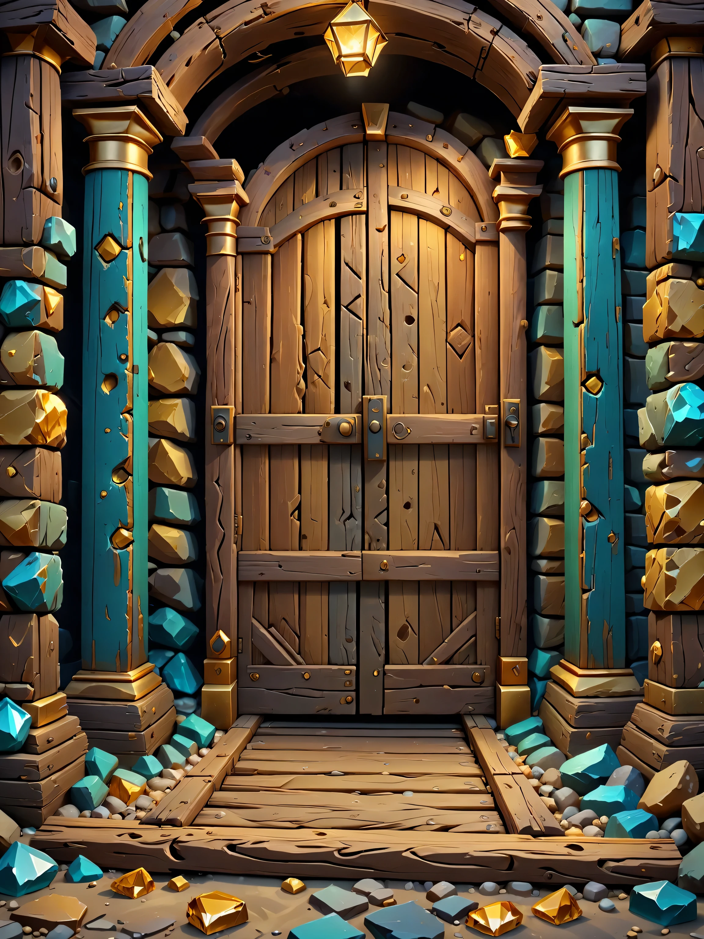 Control the dim green-blue tone. Mining exploration background, fun game, striking colors. Best quality, 8k, masterpiece. Old wooden pillar, single front entrance. Ordinary wood is assembled into an arch, left and right, straight corners.
In the mine, in the shade, there is a dim light, diamond ore, gemstones lying on the floor, dynamite bombs, and tracks carrying dirt and gold, straight angles, an old wooden beam, bare, equal sides, straight angles, not slanted.
Very detailed, single sided wooden pole.
   3D rendering format, 3DRenderAF,
League of Legends art style