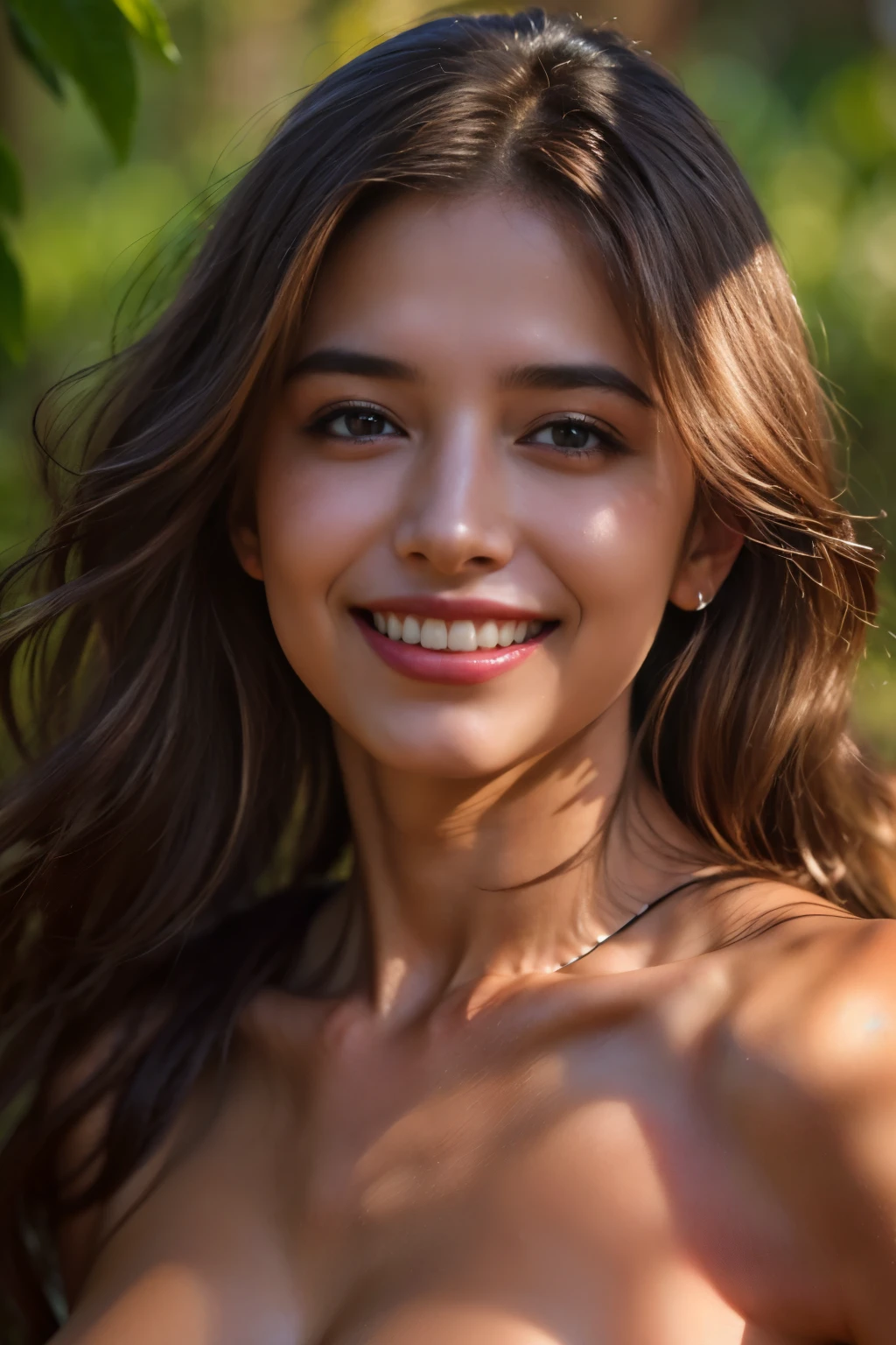 (highest quality,4k,High resolution,masterpiece:1.2),super detailed,(realistic,photorealistic:1.37), 1 beautiful nude Spanish girl, super detailed beautiful eyes, thick eyebrows, luscious lips, flowing brunette hair, (hyper detailed moist skin texture:1.2), (captivating smile:1.5), rich texture, Italy, Tuscany region, rural, soft clean focus, realistic lighting and shading, (an extremely delicate and beautiful art), (artistic nude portrait:1.4), soft and natural lighting, (NSFW:1.4), (dancing happily:1.4), toned body and abs, beautiful nipples, Under the beautiful sunlight filtering through the foliage, (seductive smile:1.5), (no makeup:1.2)