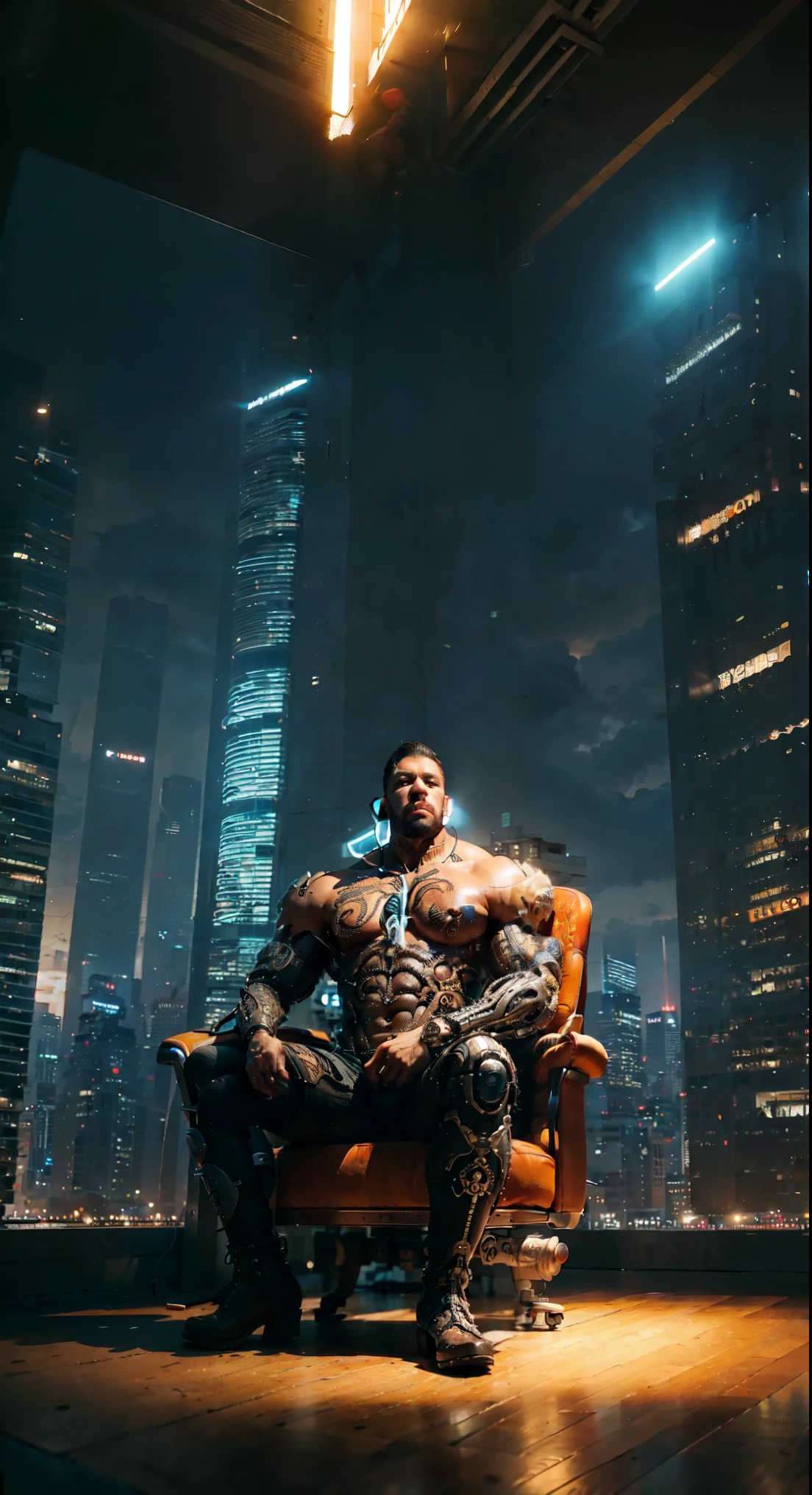 a skyscraper office in the big city, the cyborg man sits in a luxurious chair, heavy man boots, high quality, absurdres, masterpiece, beautiful, intricate details, 1/2 body crop, slim body, beautiful figure, magnificent anatomy, (intricate details:1.12), HDR, (intricate details, hyper-detailing:1.15), (natural skin textures, hyper realisitc, soft light, Sharp:1.2)