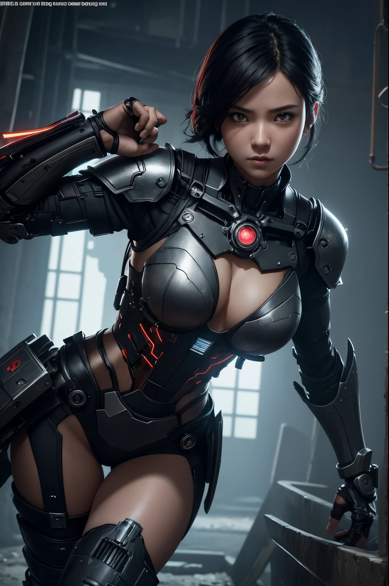 8K、Mechanical Lloyd with short black hair、skeleton mechanical roid girl、girl with exposed skeleton、detailed digital anime art、Glowing LED(effect)U3D rendering character art 8K、photorealistic girl rendering、8K high quality detail art、2。5d cgi anime fantasy artwork、Beautiful girl mechanical roid、Guweiz style artwork,超A high resolution,Super realistic texture,masterpiece,Photorealistic RAW photos of the highest quality。bright colors,rich colors, Backlight, cinematic lighting, film grain, to be born, 50MM lens, Nikon D850,super realistic skin,fantasy art,character art,ultra high resolution,realistic scale skin,Perfect hand shape,view audience,beautiful expression,Close-up,Camera eye effect with red left eye),Mechanical parts are exposed in several places.,medieval mountainous region,brown and black adventurer equipment,terminator,wilderness,dynamic pose,wrestle,take a stand,give a sharp look,angry expression,長くて大きな矛をtake a stand,