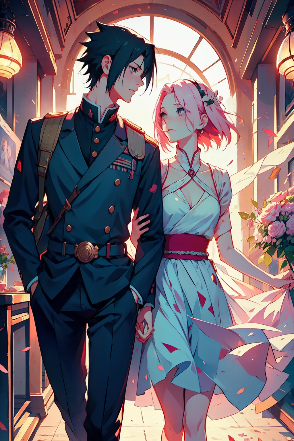 Sasusaku The couple in the photo is deeply in love and lost in the moment. Sasuke, the tall, handsome man with chiseled features and piercing black eyes. He has a confident and charismatic demeanor, and his love for the woman is evident in the way he looks at her wistful adoration. He is wearing a military uniform, he is a soldier. The woman is equally stunning with soft features and delicate features. She has a kind, warm smile and her eyes shine with love and joy. Her hair is short and pink that falls elegantly around her face, adding to her romantic and dreamy appearance. she is wearing an 80s ensemble. Together, the couple looks like they came out of a fairy tale, saying goodbye on a train line, he is going to war.
