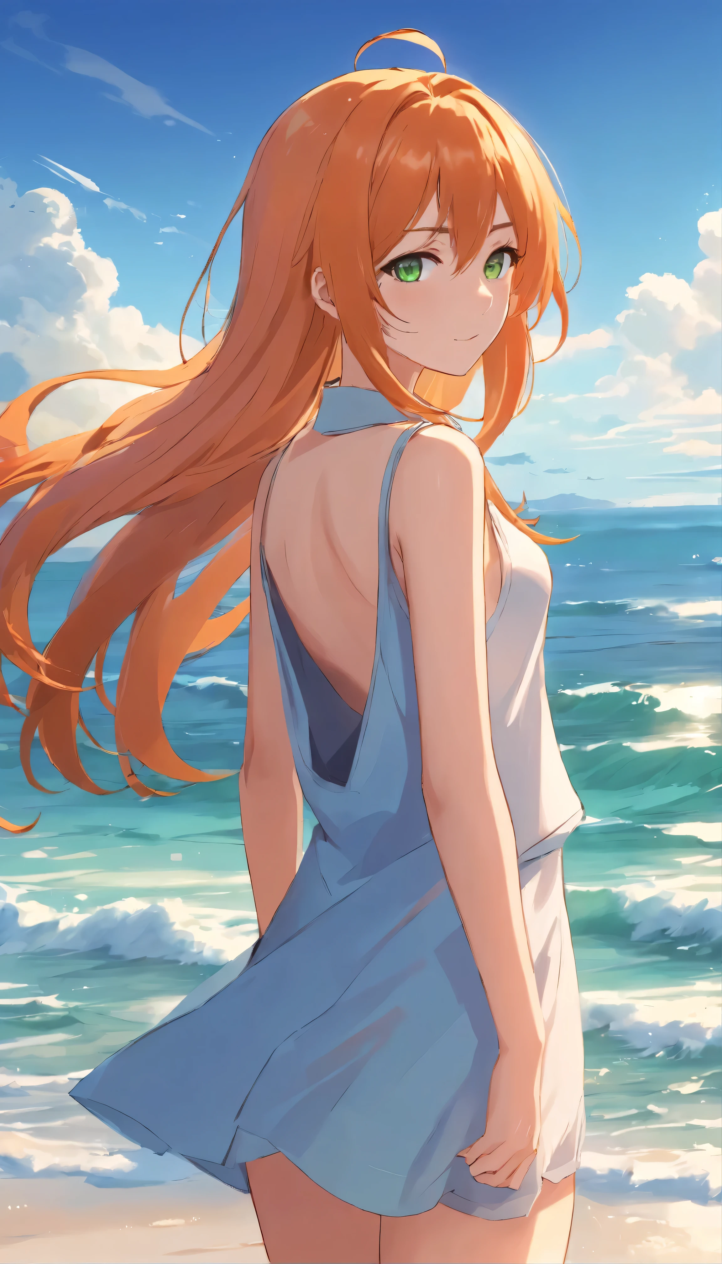 Anime girl with long orange hair, standing on the beach near the ocean, green eyes detailed digital anime art, anime girl with long hair, гладкое аниме cg art, anime girl with long hair, digital anime art, work in Guweiz style, Beautiful anime portrait, Photorealistic render of an anime girl, Beautiful anime girl, advanced digital anime art, guweiz на artstation pixiv HD UHD HQ
