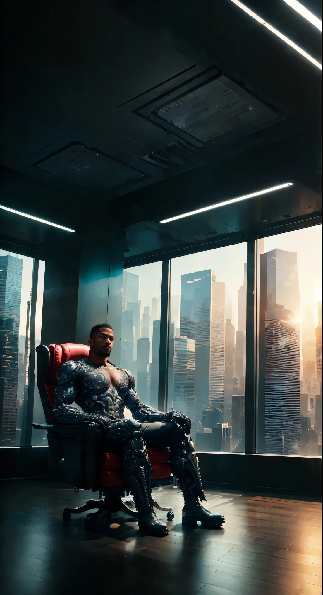 a skyscraper office in the big city, the cyborg man sits in a luxurious chair, heavy man boots, high quality, absurdres, masterpiece, beautiful, intricate details, 1/2 body crop, slim body, beautiful figure, magnificent anatomy, (intricate details:1.12), HDR, (intricate details, hyper-detailing:1.15), (natural skin textures, hyper realisitc, soft light, Sharp:1.2)