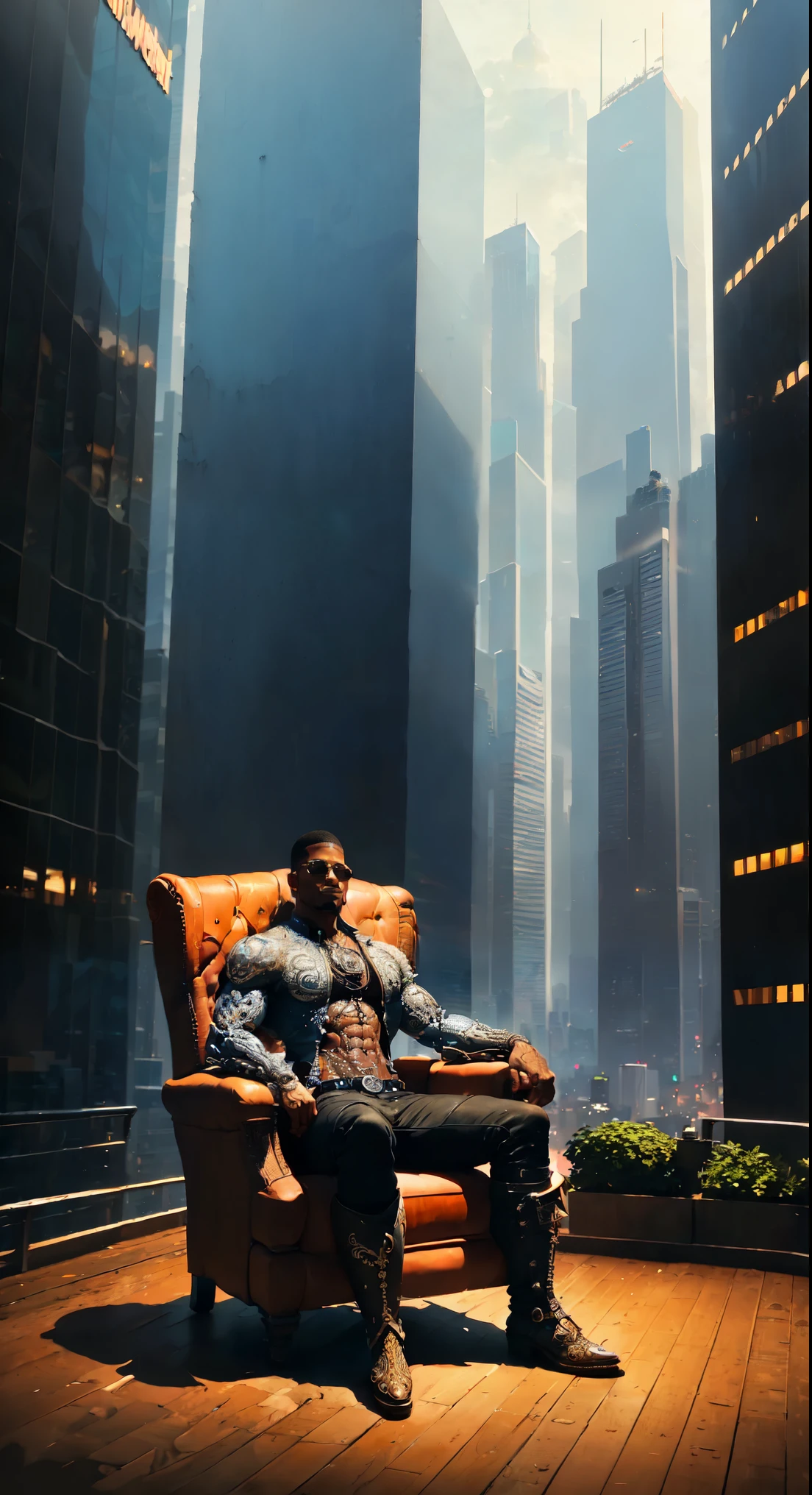 a skyscraper office in the big city, the cyborg man sits in a luxurious chair, heavy man boots, high quality, absurdres, masterpiece, beautiful, intricate details, 1/2 body crop, slim body, beautiful figure, magnificent anatomy, (intricate details:1.12), HDR, (intricate details, hyper-detailing:1.15), (natural skin textures, hyper realisitc, soft light, Sharp:1.2)