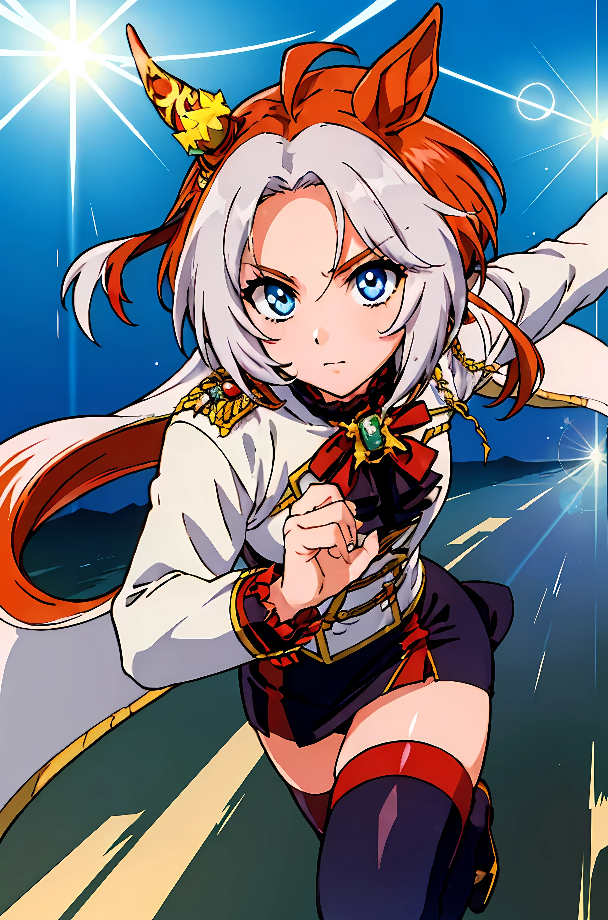 (highest quality:1.3),(ultra-be familiar with:1.5),High resolution,extremely be familiar with CG,unity 8k wallpaper,official art,be familiar with,super be familiar with skin,perfect anatomy,beautiful be familiar with eyes,(anime screenshot:1.11),very delicate and beautiful,(90s anime,90s anime style,cel shaded anime:1.17),1 girl,alone, anmnr,((orfevre \(umamusume\):1.52)),(crown:1.7), jewelry, bowtie, Jacket, epaulettes, long sleeve, black gloves, white gloves, red bow, black skirt, Thighhighs, skirt, bow, (shining eyes),blends well with the eye,blends well with the eye,focus of the eye,(Carefully crafted brilliance, sky blue lens flare:1.7),(expression of joy:1.51),octane rendering,rainbow paint drop,Woman made of paint,Full Paint,(movie background),splat,splash,dark and blurry background,close,(best writing, very delicate and beautiful),Detailed beautiful shine,(soft light:1.2),(soft money tone lighting),Warm and soft lighting,dramatic light,((cinematic light)),ambient occlusion,ambient light,violently,powerful,Absolutely eye-catching splashes of color,((caustic)),raytraced reflections,light shines,(running:1.1), Depth of the bounds written, outdoor, (running),beautiful face, intense lighting),born, dramatic light,violence everywhere,(expression of joy:1.4), (Raging Eyes:1.2), ),spell magic, magic circle, ((Magic in your hands)),(using the magic of light:1.14),imaginative overlays, artistic fusion,fantastic scene, exciting story, impressive visuals, ((motion trajectory effect)), spiky hair,, superhero, run at lightning speed, leave traces of movement, MotionTrail, Speed Effect, Drive through the steppes, Speed Trace, Super Speed Power