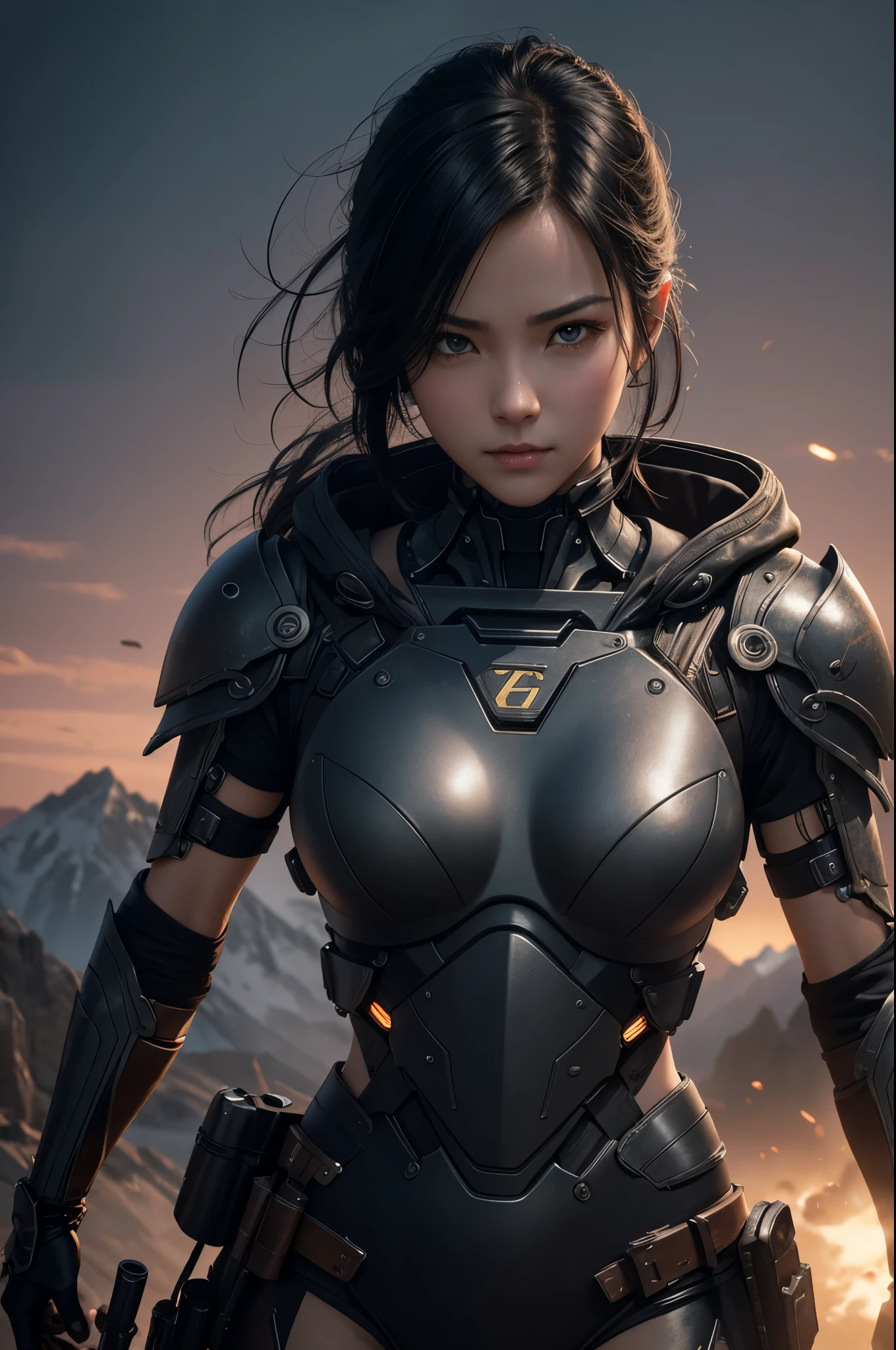 8K、Mechanical Lloyd with short black hair、skeleton mechanical roid girl、girl with exposed skeleton、detailed digital anime art、Glowing LED(effect)U3D rendering character art 8K、photorealistic girl rendering、8K high quality detail art、2。5d cgi anime fantasy artwork、Beautiful girl mechanical roid、Guweiz style artwork,超A high resolution,Super realistic texture,masterpiece,Photorealistic RAW photos of the highest quality。bright colors,rich colors, Backlight, cinematic lighting, film grain, to be born, 50MM lens, Nikon D850,super realistic skin,fantasy art,character art,ultra high resolution,realistic scale skin,Perfect hand shape,view audience,beautiful expression,Close-up,Camera eye effect with red left eye),Mechanical parts are exposed in several places.,medieval mountainous region,brown and black adventurer equipment,terminator,wilderness,dynamic pose,wrestle,take a stand,give a sharp look,angry expression,長くて大きな矛をtake a stand,