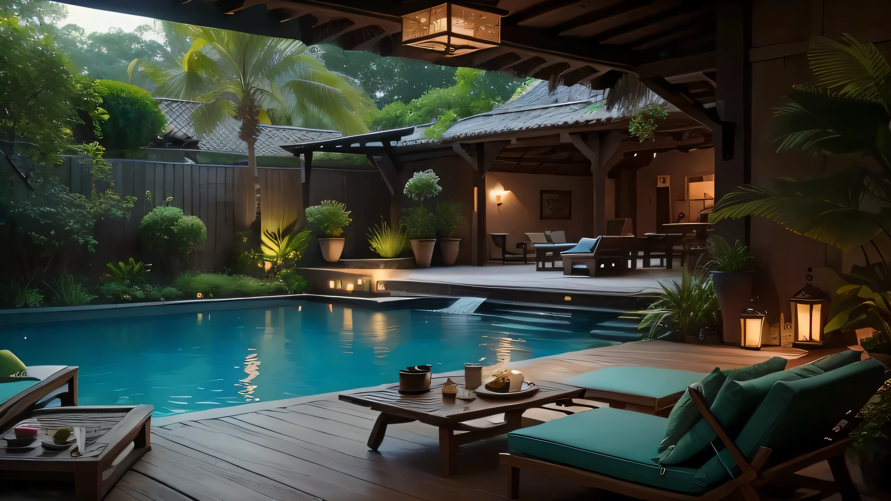 there is a patio with a pool and a patio table, with a fishpond and courtyard, next to a tropical pool, soothing and cozy landscape, cozy and peaceful atmosphere, beautiful and aesthetic, relaxing environment, magical environment, cozy place, quiet and serene atmosphere, wonderful masterpiece, peaceful ambience, dense with greenery, tropical pool, lush oasis, beautiful place