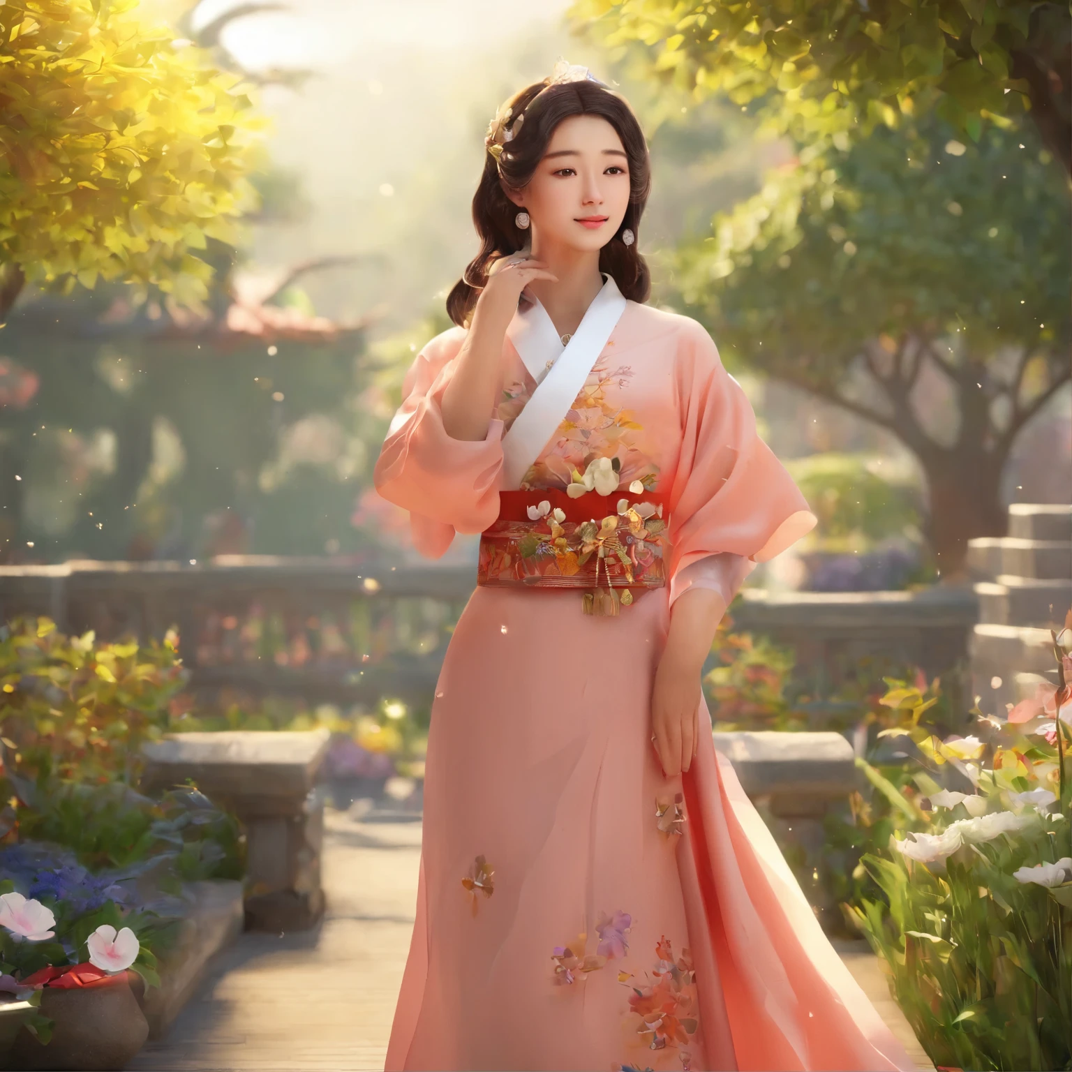 Melhor qualidade, alto_resolution, distinto_imagem, fundo detalhado ,garota, Hanbok,flor,jardim,lua, noite,