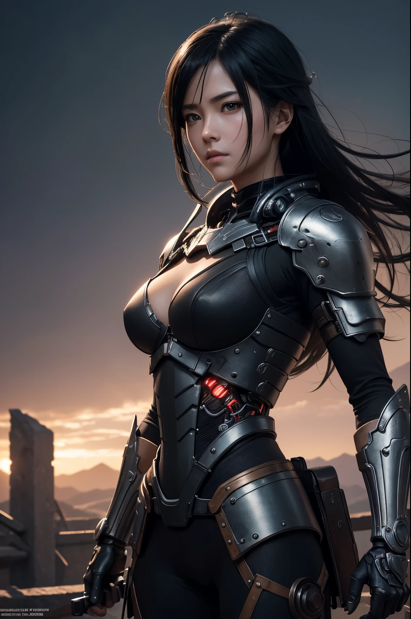 8K、Mechanical Lloyd with short black hair、skeleton mechanical roid girl、girl with exposed skeleton、detailed digital anime art、Glowing LED(effect)U3D rendering character art 8K、photorealistic girl rendering、8K high quality detail art、2。5d cgi anime fantasy artwork、Beautiful girl mechanical roid、Guweiz style artwork,超A high resolution,Super realistic texture,masterpiece,Photorealistic RAW photos of the highest quality。bright colors,rich colors, Backlight, cinematic lighting, film grain, to be born, 50MM lens, Nikon D850,super realistic skin,fantasy art,character art,ultra high resolution,realistic scale skin,Perfect hand shape,view audience,beautiful expression,Close-up,Camera eye effect with red left eye),Mechanical parts are exposed in several places.,medieval mountainous region,brown and black adventurer equipment,terminator,wilderness,dynamic pose,wrestle,take a stand,give a sharp look,angry expression,長くて大きな矛をtake a stand,