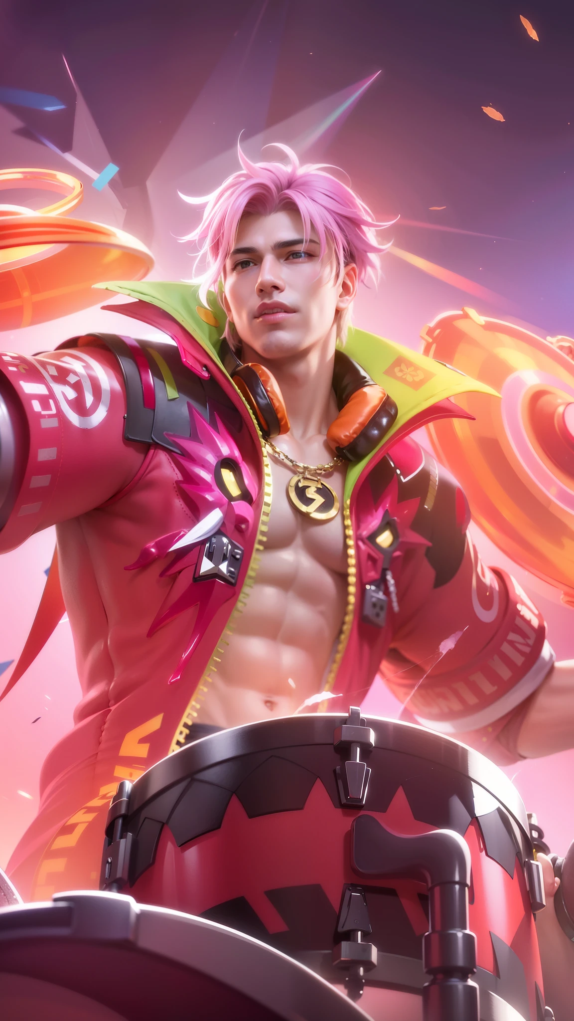 Masculine male, Best quality, masterpiece, detailed skin texture, detailed clothes texture, detailed face, super detail, 8k, intricate detail, 1 boy, The color doesn't change, Muscle guy, 1 guy, a man with a pink jacket and a drum in his hand, mobile legends, headphone, pink hair