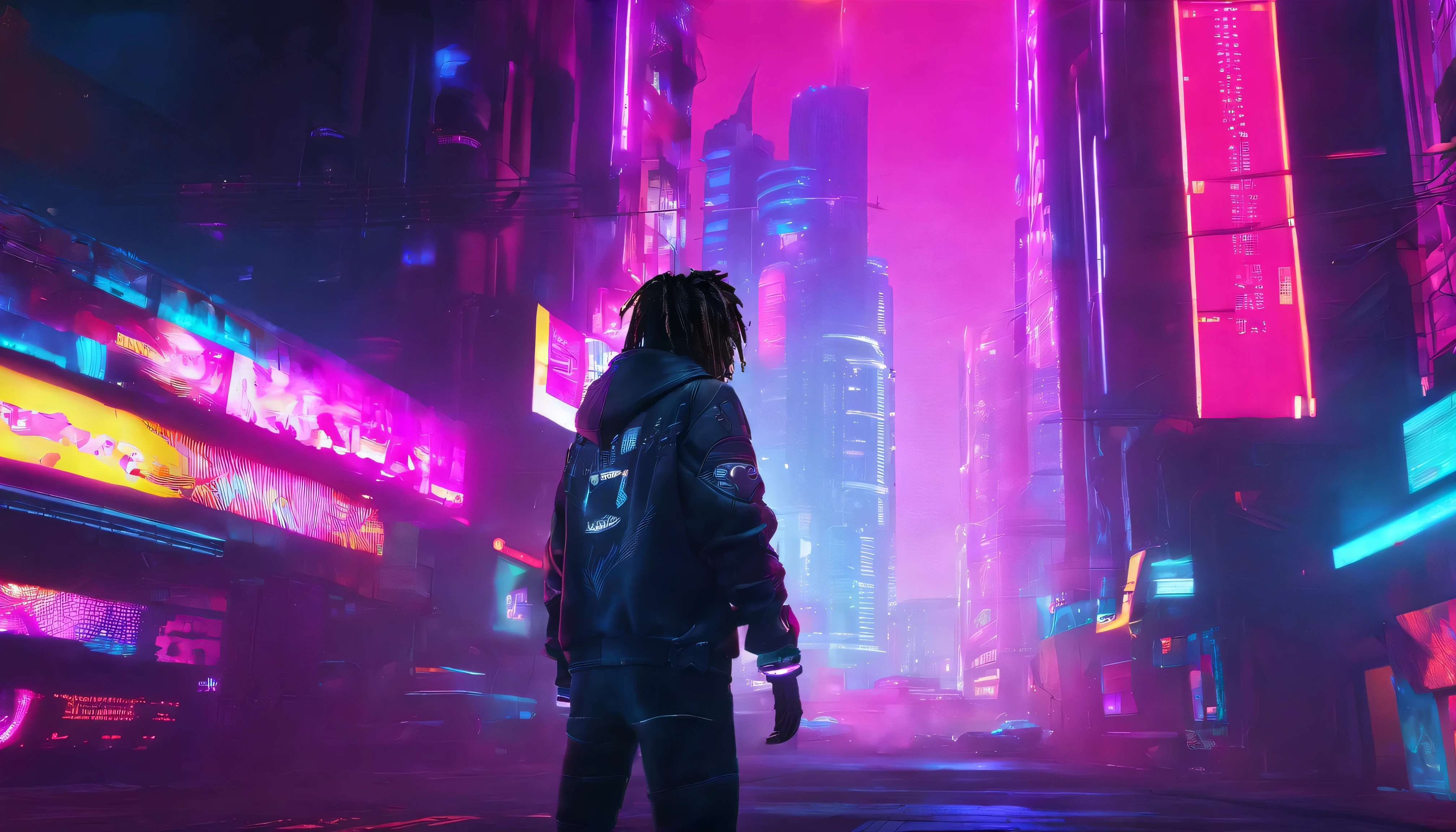((masculine)), ((1 boy)), black dreadlocks, dark skin, black eyes, cowboy shot, ((ultra detailed neon cyberpunk futuristic city )), detailed and complex ((Cyberpunk city streets background)), with high-tech holographic projections and elegant architecture, (very detailed photorealistic), sharp focus, Ultra high quality, bright, (symmetrical detailed face:1.7), toned, masterpiece, (cinematic lighting), Smoking weed, ((Cyberpunk 2077 inspired)