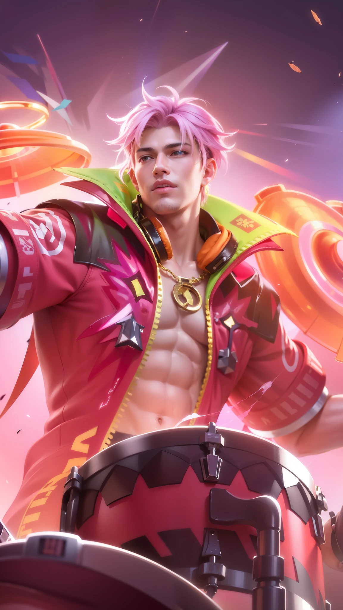Masculine male, Best quality, masterpiece, detailed skin texture, detailed clothes texture, detailed face, super detail, 8k, intricate detail, 1 boy, The color doesn't change, Muscle guy, 1 guy, a man with a pink jacket and a drum in his hand, mobile legends, headphone, pink hair