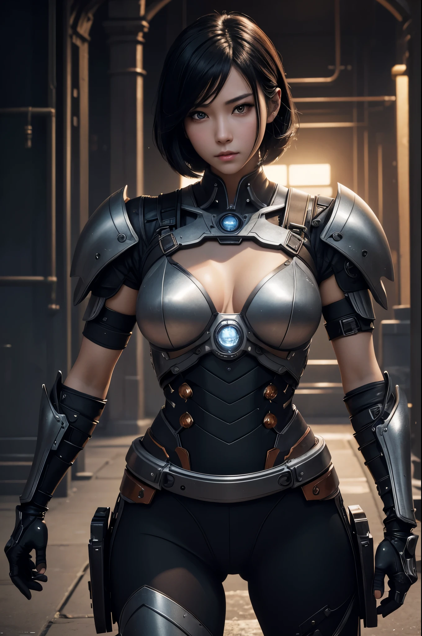 8K、Mechanical Lloyd with short black hair、skeleton mechanical roid girl、girl with exposed skeleton、detailed digital anime art、Glowing LED(effect)U3D rendering character art 8K、photorealistic girl rendering、8K high quality detail art、2。5d cgi anime fantasy artwork、Beautiful girl mechanical roid、Guweiz style artwork,超A high resolution,Super realistic texture,masterpiece,Photorealistic RAW photos of the highest quality。bright colors,rich colors, Backlight, cinematic lighting, film grain, to be born, 50MM lens, Nikon D850,super realistic skin,fantasy art,character art,ultra high resolution,realistic scale skin,Perfect hand shape,view audience,beautiful expression,Close-up,Camera eye effect with red left eye),Mechanical parts are exposed in several places.,medieval mountainous region,brown and black adventurer equipment,terminator,wilderness,dynamic pose,wrestle,take a stand,give a sharp look,angry expression,長くて大きな矛をtake a stand,