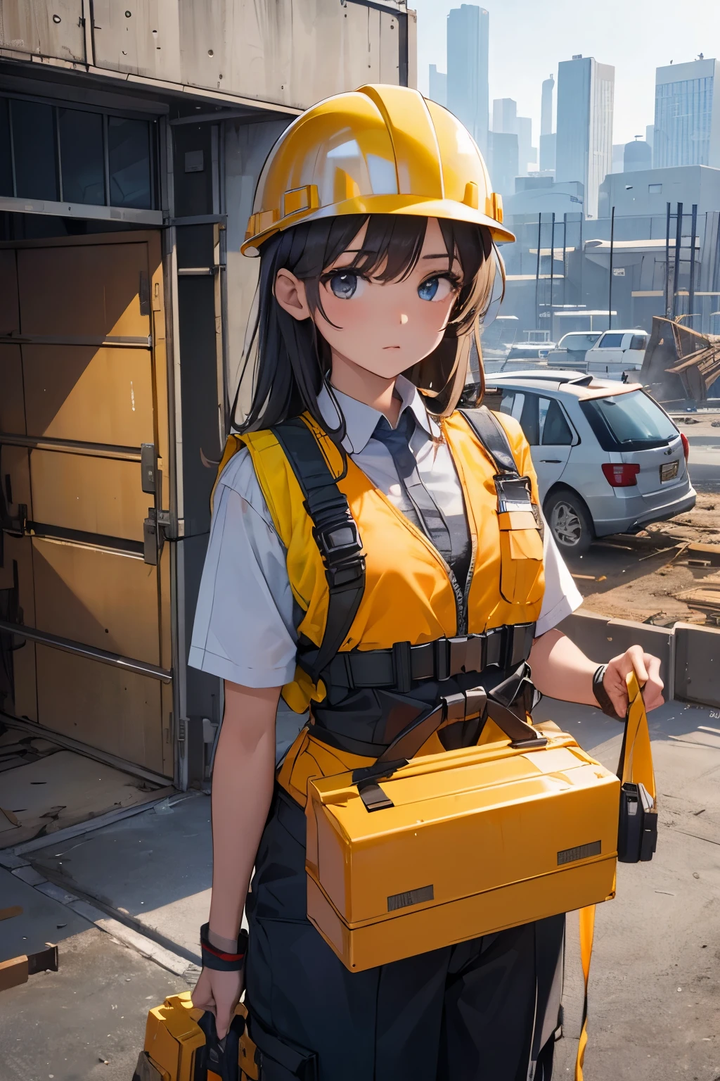 masterpiece, highest quality, ultra-be familiar with, figure, portrait, 1 girl, alone, shiny, reflective, Tsuba, Work clothes, toned body, be familiar with, Construction site,metallic, Protective gear, Helmet, safety vest, Safety culture, Industrial Fashion,