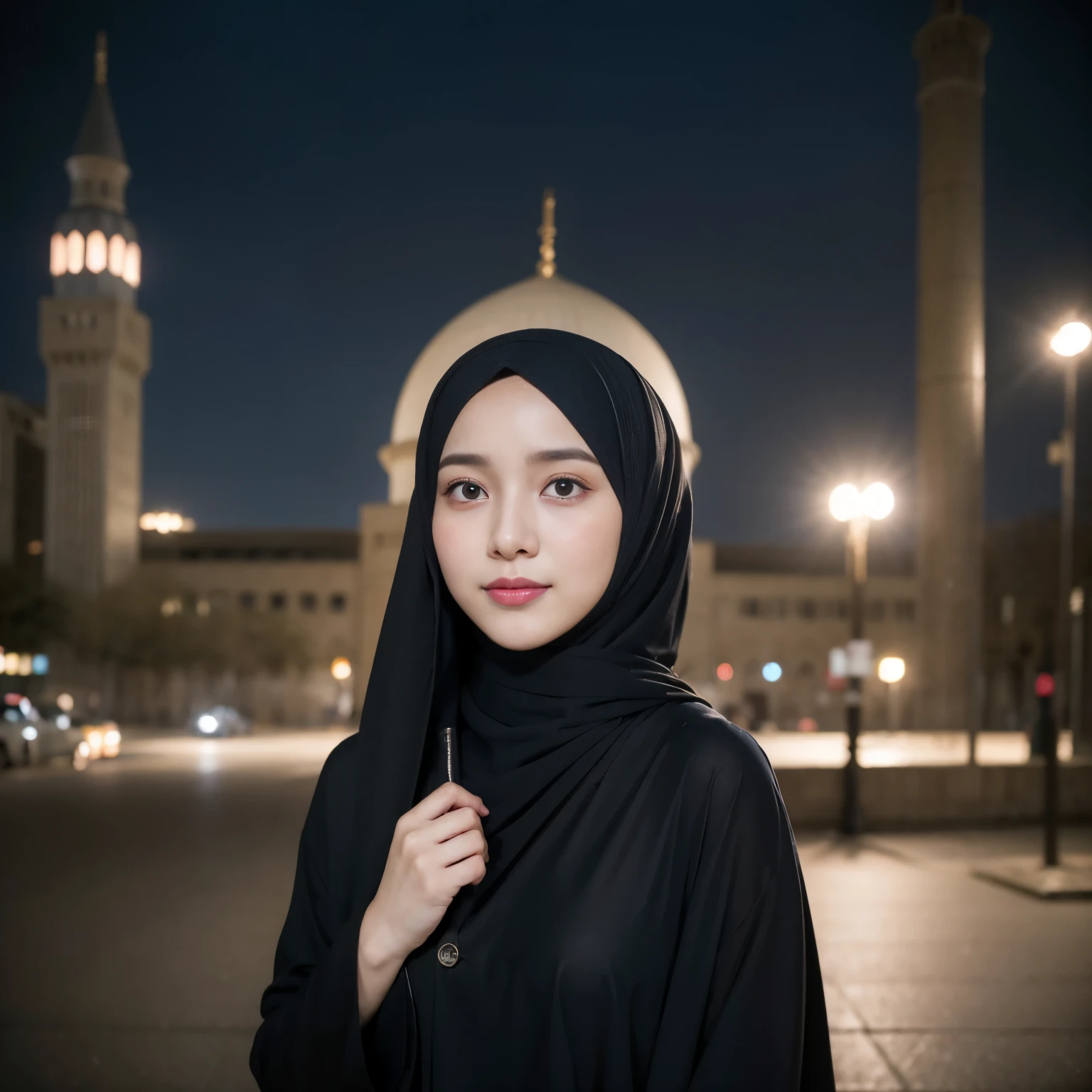 Muslim girl, hijab, (8K, RAW photo, highest quality, High resolution:1.1), (hyperrealistic:1.4),(realistic, photorealistic:1.3), soft light,realistic face,realistic body,realistic skin,disorganized,masterpiece,(cute:1.8), ************, *********, Big breasts,(big:1.2),fine black eyes,innocent eyes,droopy eyes,Watery eye,open lips,blush,good style,colorful lights,film Grain,smile,full Body,blurred background,young,85mm lens, f/ 1.4,professional lighting,portrait,photon mapping,radio city,Physically based rendering,japanese girl, wearing black matte hijab, black abaya, twirling hijab, sky blue jacket, reading al quran, outside a bussy mosque,