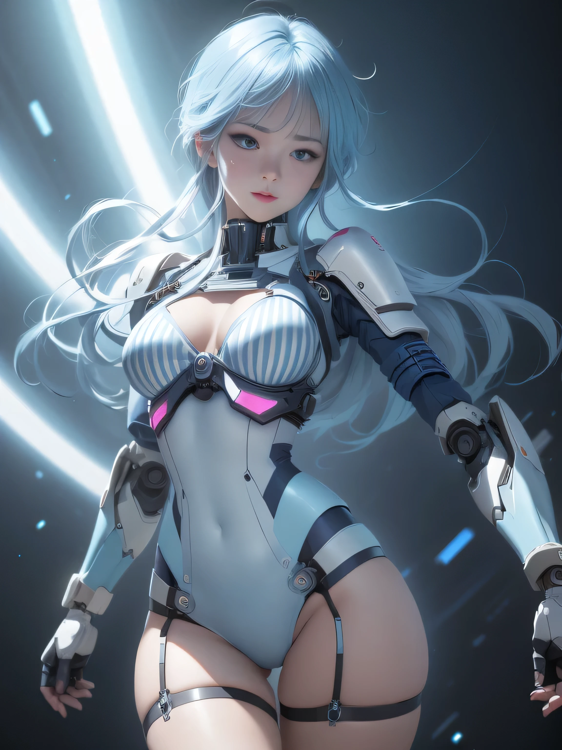 Yukime, Gospel World Yuki Onna, medium blue and white stripes, ((best quality)), ((masterpiece)), (detailed: 1.4), Female robot pilot defines her slender body, neon evangelion style, naked thighs, closed mouth, sexy robot panties, Muscular body parts covered with technological clothing, (((medium breasts)) perfection, generous neckline, ((light blue and white striped clothes)), Argentina, pastel, (((mechanical arm))), Airplane wings on the back,  Sky blue long hair with highlights, short underwear, garter belt, for a lot, Rainbow--V5, close to the real thing, best quality, almost naked, psycho, my face turned red, Happy, sexy pose, psychedelic background, Two-piece clothing, dibujos de sol de la bandera de Argentina, cyber punk, sun and dark blue bra, (((Clothes with robot laces and lights ))),  pointed shoulder pads, blue eyes without pupils, HDR (high dynamic range),ray tracing,NVIDIA RTX,super resolution,unreal 5,Dispersed underground, PBR texture, Post-processing, anisotropic filtering, Depth of the bounds written, Maximum clarity and sharpness, multilayer texture, Albedo and specular maps, surface shading, Accurate simulation of light-matter interactions, proporciones perfectionas, octane rendering, 2 color illumination, wide opening, Low ISO,  White balance, Rule of thirds, 8K RAW, crisis nano suit