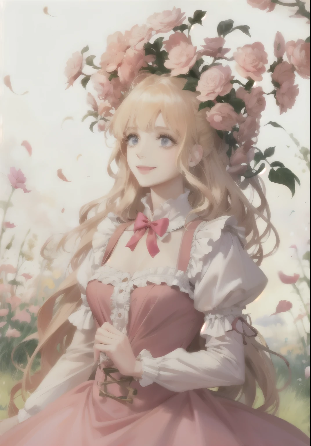 Lolita, Off the shoulder style, pink dress flowers, Smile, blonde hair, flowing hair, Natural light, Perfect body, Exquisite facial features