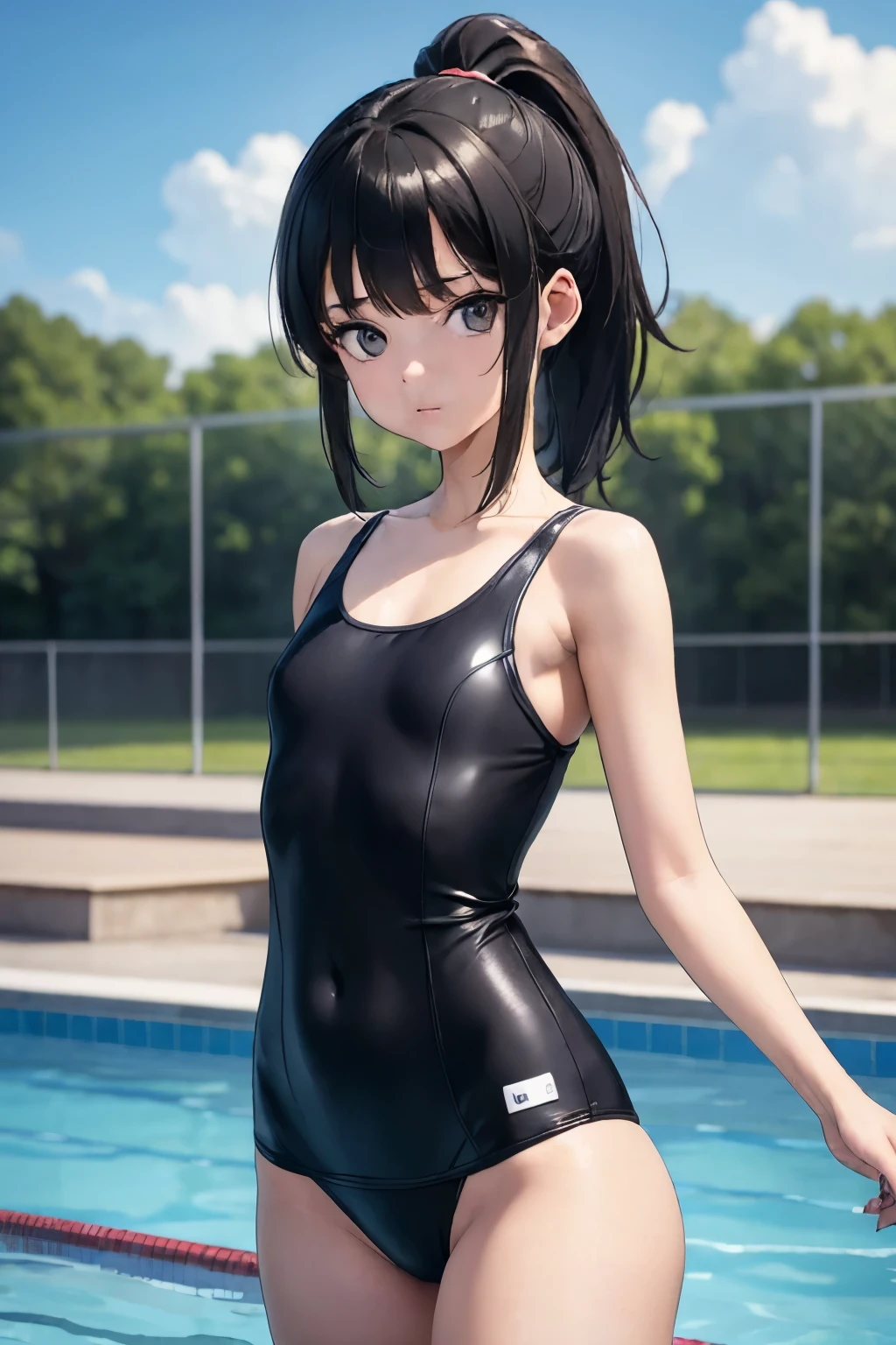 (master piece:1.2), (best Quality:1.2), (ultra detailed:1.2), (highres:1.2), 4k, 8k, from front, cowboy shot, looking at viewer, beautiful detailed eyes, ponytail, Medium hair, black hair, (black eyes:1.2), pale skin, small breasts, girl, skinny, juniot chest, slender, mile, Swimming pool, 13 years old, pov, school swims