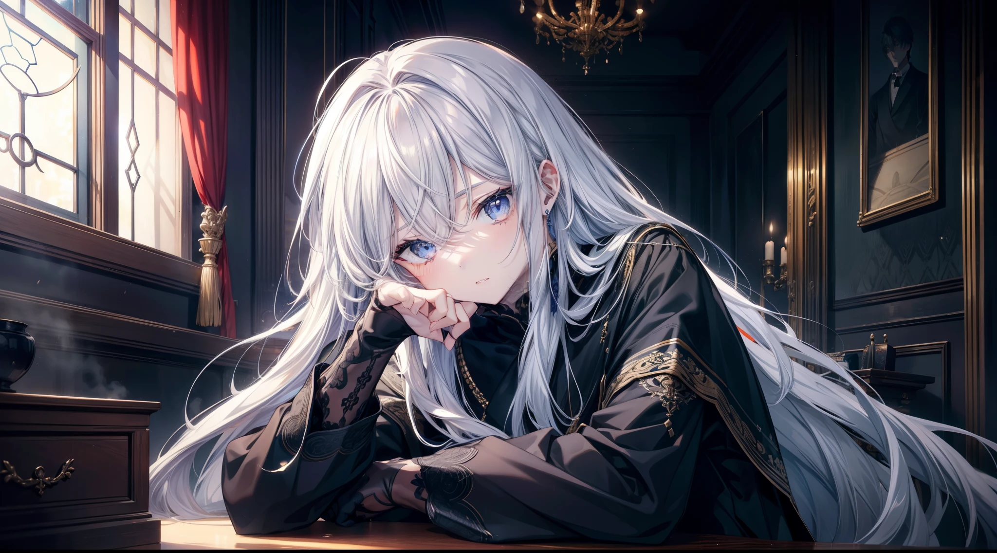 (table top, highest quality), intricate details, 8K, sharp focus quality) (fine skin:1.3) (intricate details) (8K) (fine eyes) (anime) mens character, Soft bristles, long hair, gray hair, light blue eyes, mens, anime mens, frontage, 素敵なmens子, perfect face, fine eyes, bold background, detailed accessories, Unique costumes, clear eyes, mens, youth, Idol, dark color, white skin, defined functionality, model, gothic, symbolism, comfortable clothing, dark room, messy room, indoors, detailed background, bold colors, bold outline, sharp face, nighttime, night, Pause, good looking, sleepy, tired, drooling eyes