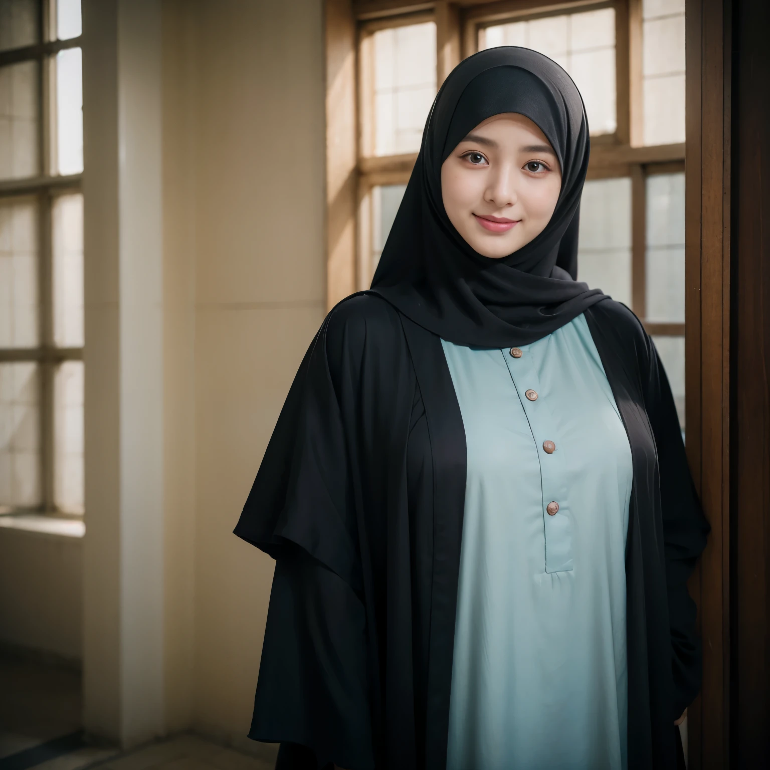 Muslim girl, hijab, (8K, RAW photo, highest quality, High resolution:1.1), (hyperrealistic:1.4),(realistic, photorealistic:1.3), soft light,realistic face,realistic body,realistic skin,disorganized,masterpiece,(cute:1.8), 17 years old, baby face, Big breasts,(big:1.2),fine black eyes,innocent eyes,droopy eyes,Watery eye,open lips,blush,good style,colorful lights,film Grain,smile,full Body,blurred background,young,85mm lens, f/ 1.4,professional lighting,portrait,photon mapping,radio city,Physically based rendering,japanese girl, wearing black matte hijab, black abaya, twirling hijab, sky blue jacket, reading al quran, in a bussy masjid,