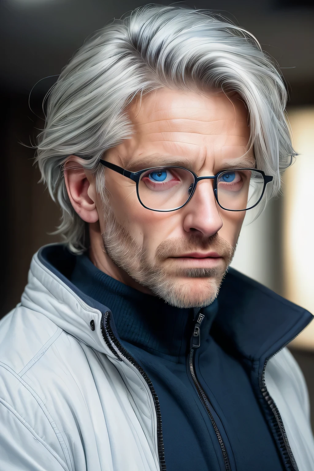 (best quality, highres:1.2), (ultra-detailed, realistic:1.37), HDR, (studio lighting, sharp focus), (physically-based rendering, extreme detail description),
(portrait, photography), (warm colors, soft tones), (subtle, dramatic) lighting, solo,  blue eyes, 1 man 30 year old, jacket, white hair, male focus, glasses, hair over one eye