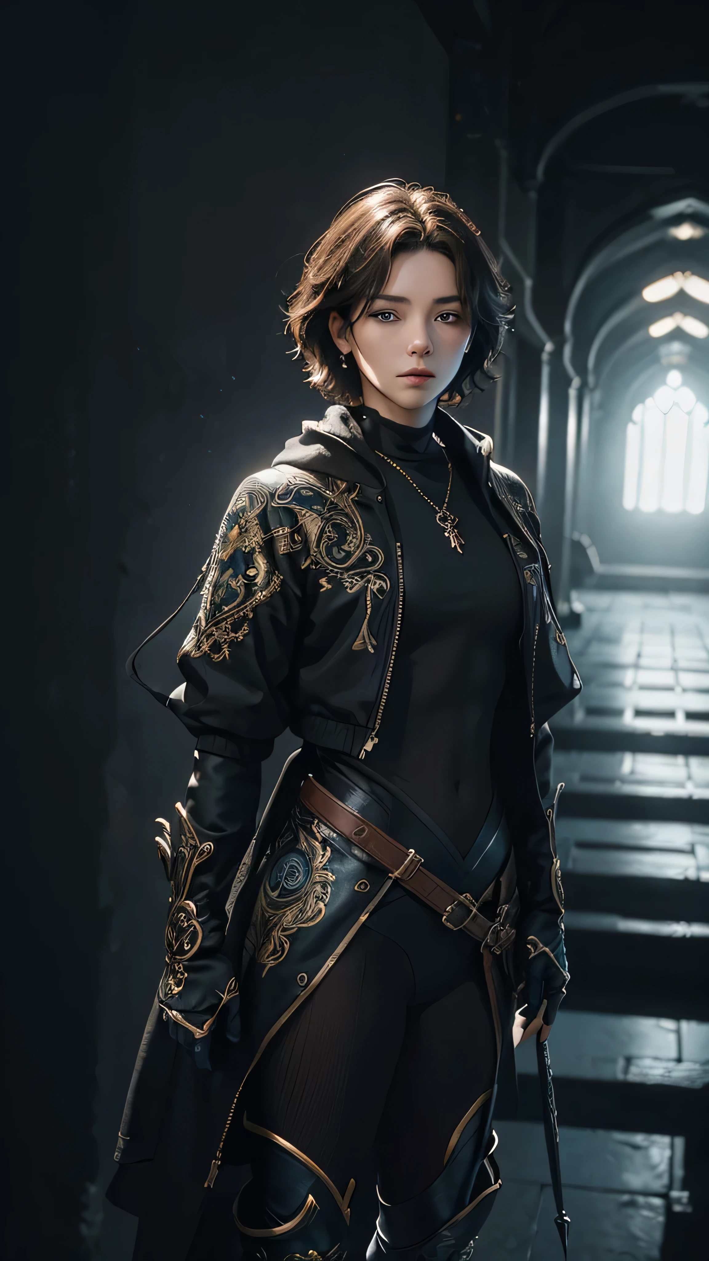 Unbeatable masterpiece, Ultra photo realism, Perfect artwork, Intricate details, Best quality, Strong light, High contrast, elegant black suit, Full Body(Masterpiece) , (Best quality) , (extremely detailed wallpaper CG unity 8k) , (best character detail:1.36), marshes, (delicated lines:1.24), (fantasy), (Cold light:1.2) , Color splattering , Colorful, colorful background, detailed eyes, hunter eyes, detailed eyeshadows, blue eyes, royal background, side apart brown hair, looking at viewer, 1boy, matured boy, (short hair:1.3), high high quality