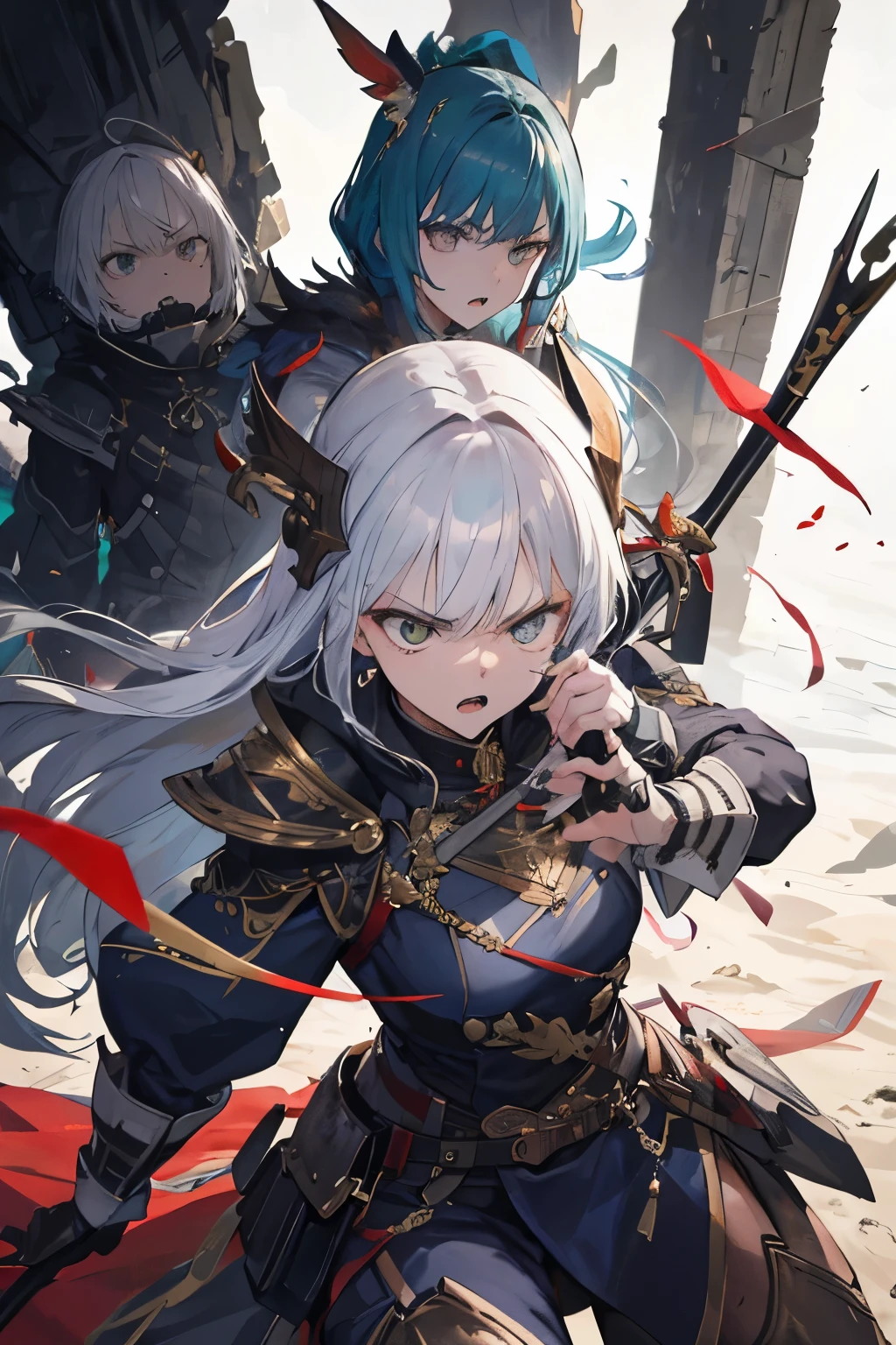 ((Melhor qualidade)), ((obra de arte)), (detalhado), rosto perfeito, 1 garota, cabelos curtos e preros, agachada, segurando sua espada, armadura, war scenario, angry expression, gritando. 