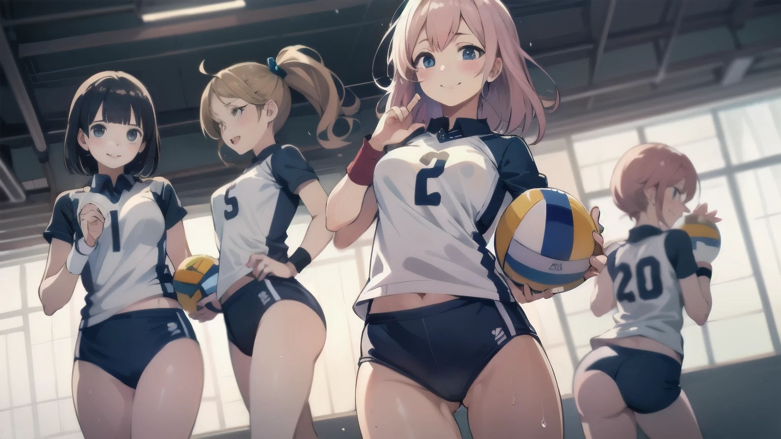 unity 8k wallpaper, anatomically correct, (((masterpiece))), (((highest quality))), (((super detailed))), (((High resolution))), ((super detailed illustrations)), ((ultimate cutie)), ((detailed beautiful face)), perfect hands, perfect fingers, (((excellent anatomy))), break, multiple girls, Staring lovingly, Harem, Group photo, , (pot belly), (curve), medium breasts, ((thick thighs)), shiny hair, (((coquettish smile))), (((blush))), break, adidas, sleeveless collared volleyball uniform, ((Wristband)), break, (Hold a beautiful spherical 6-inch volleyball), ((Sweat)), (Sweatをかいた), (heavy breathing), at the gym, on the volleyball court, Depth of the bounds written, strong light, cowboy shot,,