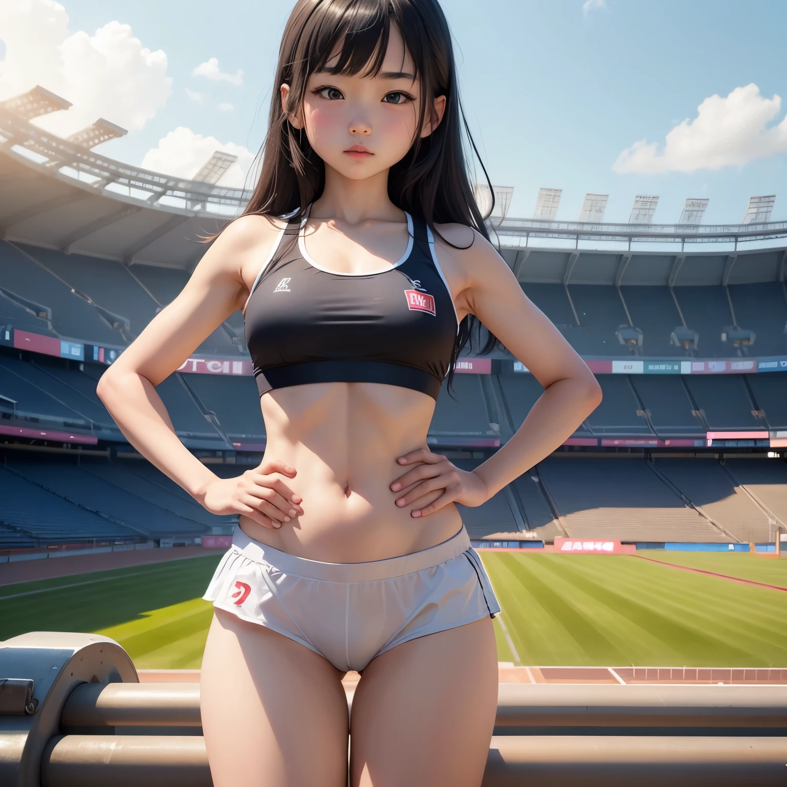 Japan 4 year old girl、Accurate depiction of the human body、Full body Esbian、Athletics、"Photographed alone"、With the athletics stadium in the background、very young face、"small sports bra for exercise"、""high leg bloomers""、"The hips are exposed"、"extremely small breasts"、
