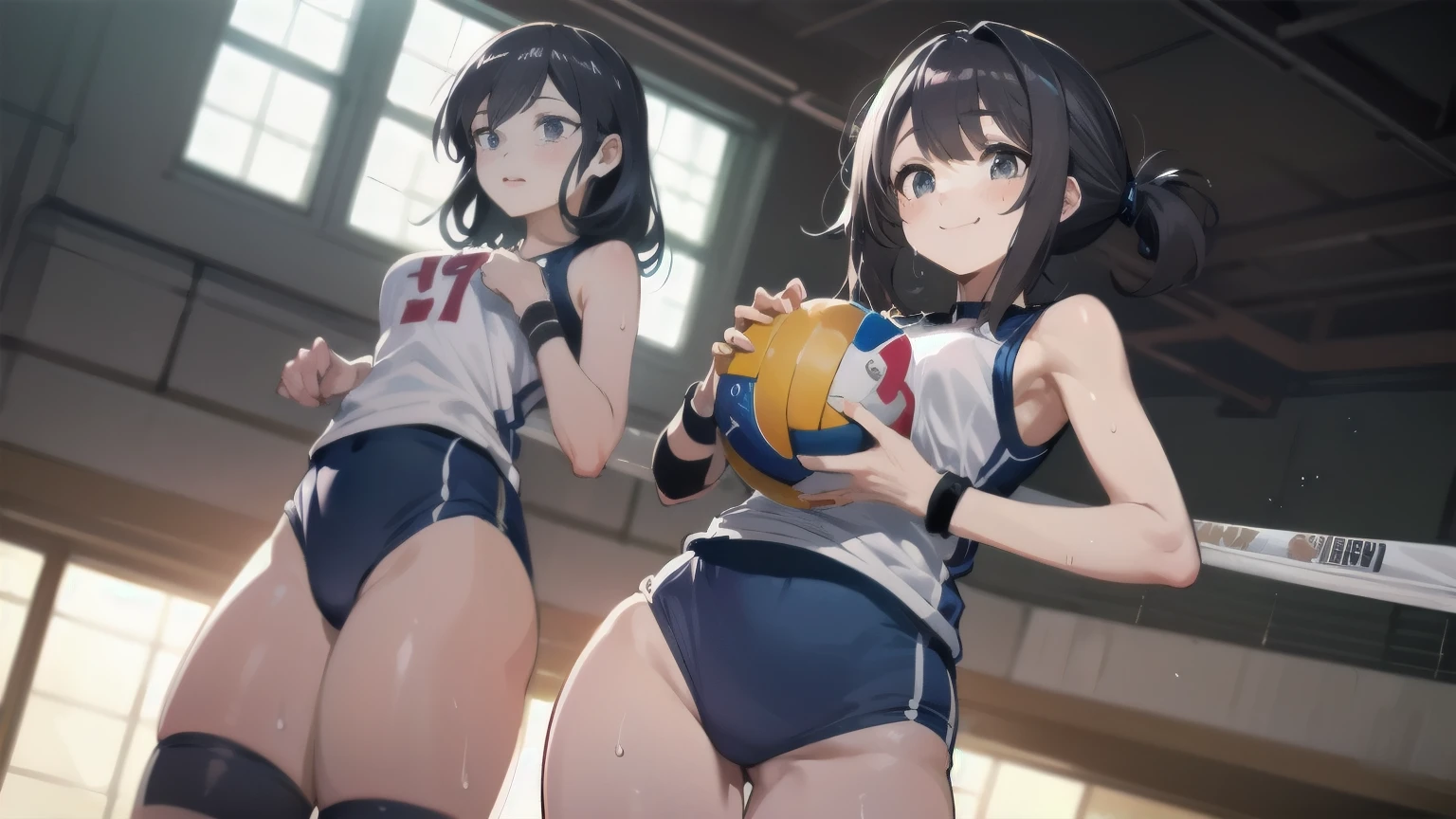 unity 8k wallpaper, anatomically correct, (((masterpiece))), (((best quality))), (((ultra detailed))), (((high-resolution))), ((super fine illustration)), ((Ultimate cutie)), ((detailed beautiful face)), perfect hands, perfect finger, (((good anatomy))), BREAK, multiple girls, lovingly gaze, harem, group picture, , (potbelly), (Curve), medium breasts, ((thick thighs)), Shiny hair, (((coquettish smile))), (((blush))), BREAK, Adidas, Sleeveless collared Volleyball Uniforms, ((wristbands)), BREAK, (Hold the beautiful spherical 6-inch volleyball), ((Sweat)), (perspired), (Heavy breathing), in gymnasium, in volleyball court, depth of field, strong light, cowboy shot,,
