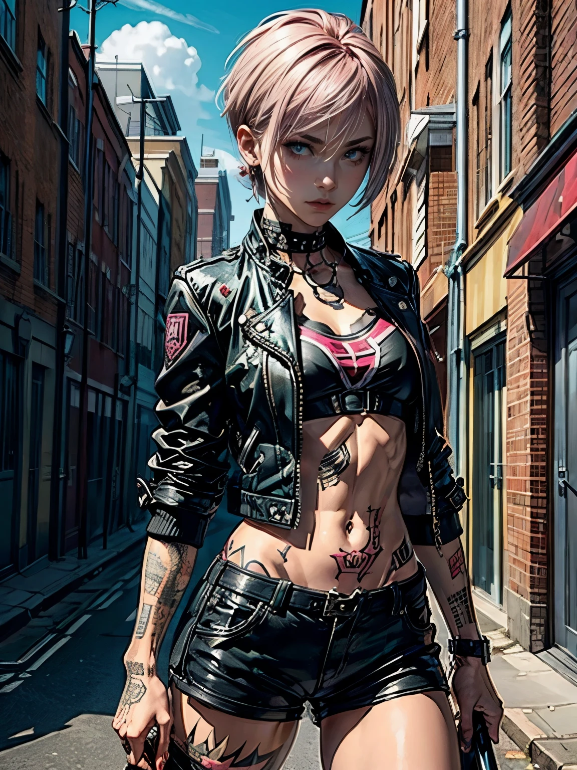 (((top quality: 1.4))),(A masterpiece like no other in history), (ultra high resolution),(Ultra-realistic 8k CG), official art,dynamic angle,((Have a baseball bat:1.0)), (((adult body))), (((1 girl))), ((( bob short hair ))), punk girl with perfect body, jacket with metal spine,Beautiful and well-shaped face,((See here)),elaborate punk fashion,leather jacket, (Image from head to thighs),((Pink bob short hair )), ((small leather micro sling bikini:1.0)), Simon Bisley's urban and brutal style,Detailed street background of London,beautiful abs, Complex graphics, (( Lots of poisonous tattoos )), earrings,