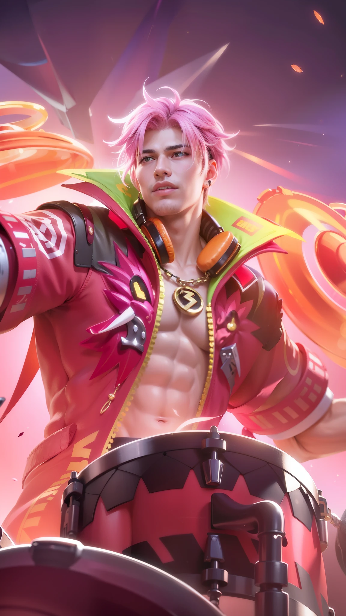 Masculine male, Best quality, masterpiece, detailed skin texture, detailed clothes texture, detailed face, super detail, 8k, intricate detail, 1 boy, The color doesn't change, Muscle guy, 1 guy, a man with a pink jacket and a drum in his hand, mobile legends, headphone, pink hair