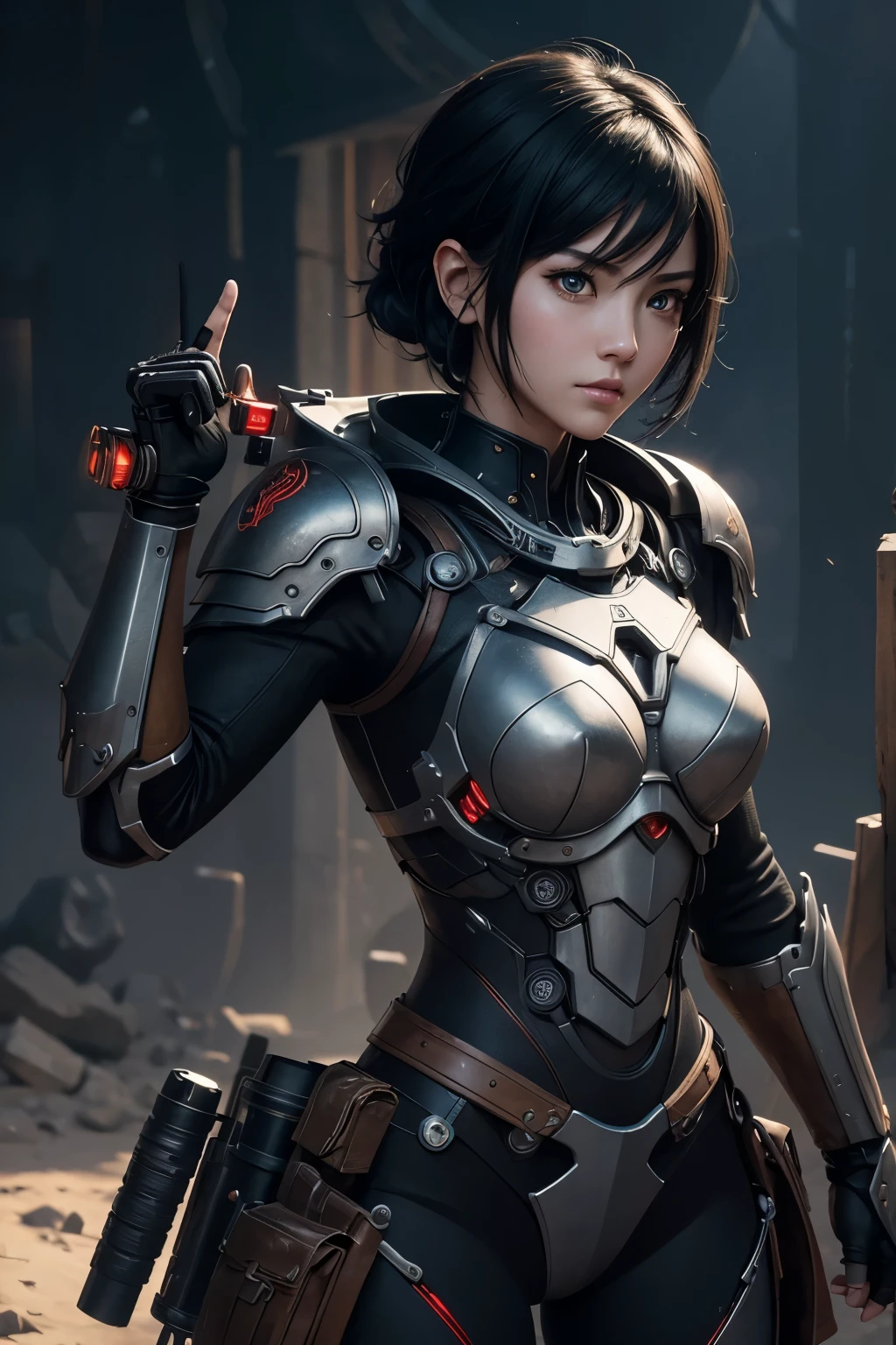 8K、Mechanical Lloyd with short black hair、skeleton mechanical roid girl、girl with exposed skeleton、detailed digital anime art、Glowing LED(effect)U3D rendering character art 8K、photorealistic girl rendering、8K high quality detail art、2。5d cgi anime fantasy artwork、Beautiful girl mechanical roid、Guweiz style artwork,超A high resolution,Super realistic texture,masterpiece,Photorealistic RAW photos of the highest quality。bright colors,rich colors, Backlight, cinematic lighting, film grain, to be born, 50MM lens, Nikon D850,super realistic skin,fantasy art,character art,ultra high resolution,realistic scale skin,Perfect hand shape,view audience,beautiful expression,Close-up,Camera eye effect with red left eye),Mechanical parts are exposed in several places.,medieval mountainous region,brown and black adventurer equipment,terminator,wilderness,dynamic pose,wrestle,take a stand,give a sharp look,angry expression,長くて大きな矛をtake a stand,