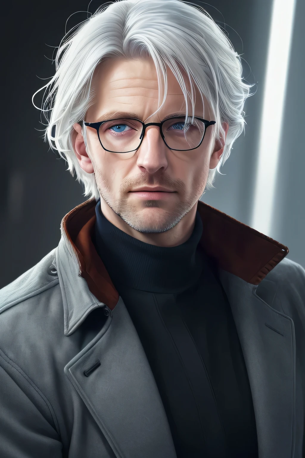 (best quality, highres:1.2), (ultra-detailed, realistic:1.37), HDR, (studio lighting, sharp focus), (physically-based rendering, extreme detail description),
(portrait, photography), (warm colors, soft tones), (subtle, dramatic) lighting, solo, blue eyes, 1 man 30 year old, jacket, white hair, male focus, glasses, hair over one eye