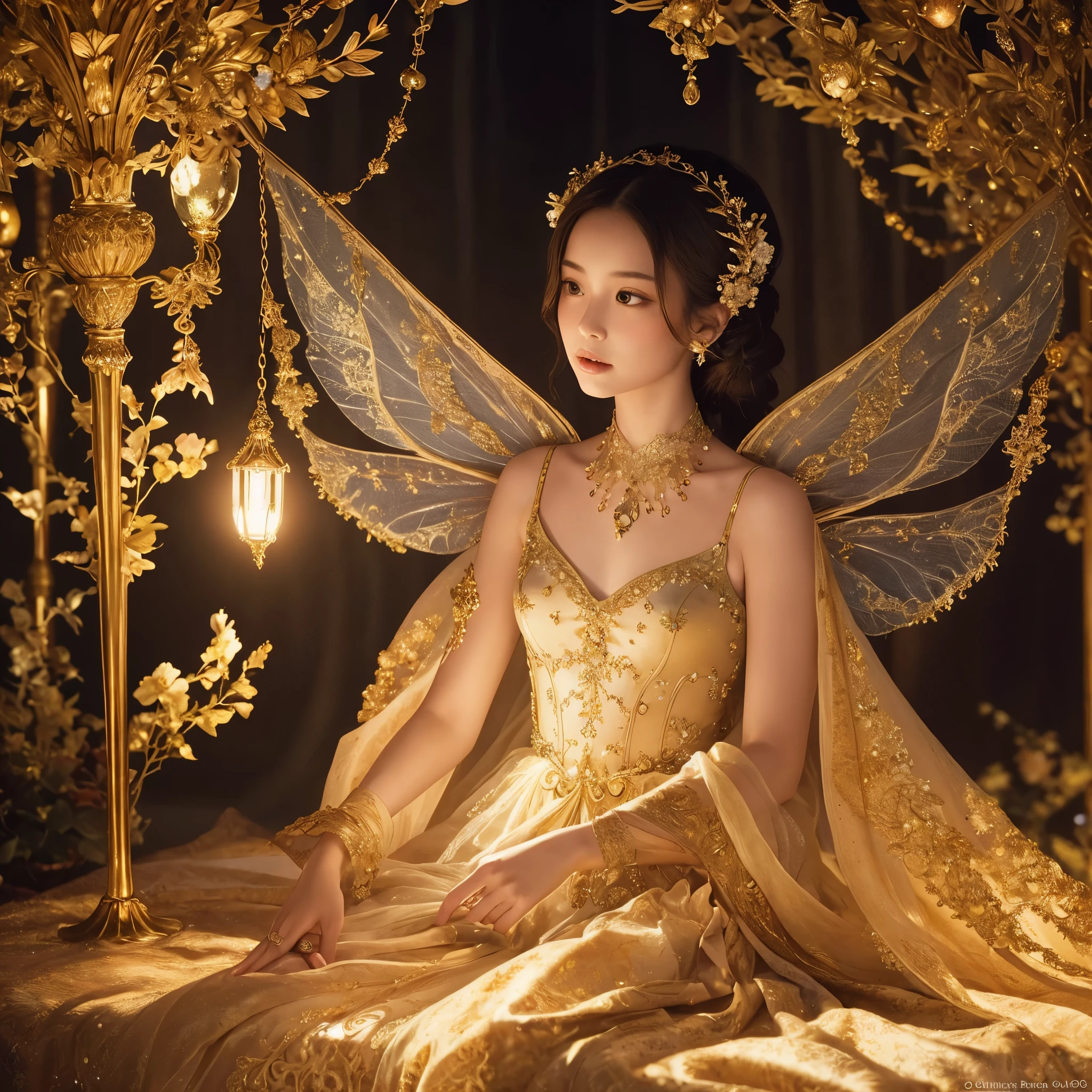 and wonder of this fantastical scene. The artist's skill in creating this shinning fantasy painting is evident in the masterful depiction of the fairy's graceful pose and enchanting expression.
The bed she sits on is a luxurious masterpiece, with its plush velvet fabric and ornate golden accents. The fairy's ethereal allure is further enhanced by the soft glow emanating from the surrounding magical elements, casting a warm and enchanting light on her delicate features.
Her fairy suit is a true work of art, with its intricate patterns that seem to dance across the fabric. Each shimmering gem is meticulously rendered, reflecting the light in a mesmerizing display. The artist has captured every minute detail with precision, from the delicate stitching to the subtle folds of the