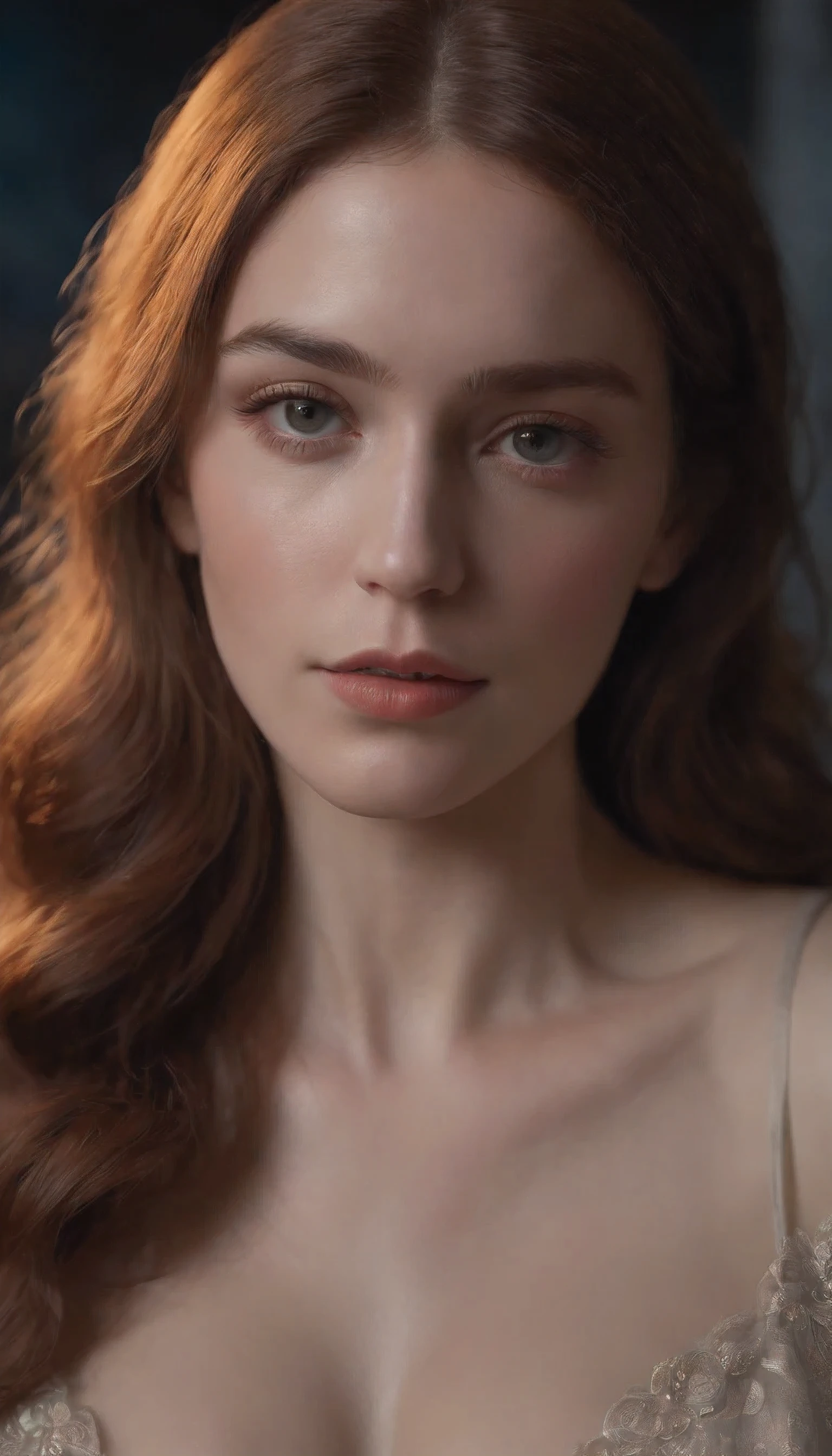 (front focus),(in the dark:1.wearing night dress, big breast, 
Hyperrealist portrait of female by david hockney and alphonse mucha,fantasy art, photo realistic, dynamic lighting, artstation, poster, volumetric lighting, very detailed faces, 4 k, award winning,, 1girl, in the dark, deep shadow, low key,cowboy shot,(official clothing:1.4) ,long hair, copper hair,