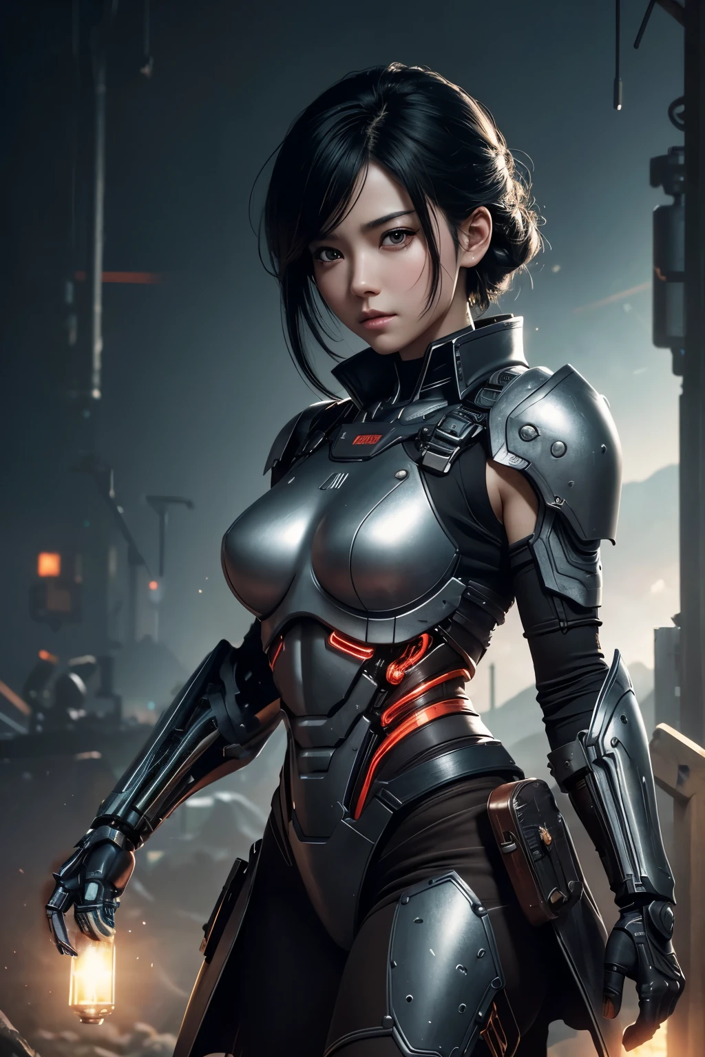 8K、Mechanical Lloyd with short black hair、skeleton mechanical roid girl、girl with exposed skeleton、detailed digital anime art、Glowing LED(effect)U3D rendering character art 8K、photorealistic girl rendering、8K high quality detail art、2。5d cgi anime fantasy artwork、Beautiful girl mechanical roid、Guweiz style artwork,超A high resolution,Super realistic texture,masterpiece,Photorealistic RAW photos of the highest quality。bright colors,rich colors, Backlight, cinematic lighting, film grain, to be born, 50MM lens, Nikon D850,super realistic skin,fantasy art,character art,ultra high resolution,realistic scale skin,Perfect hand shape,view audience,beautiful expression,Close-up,Camera eye effect with red left eye),Mechanical parts are exposed in several places.,medieval mountainous region,brown and black adventurer equipment,terminator,wilderness,dynamic pose,wrestle,take a stand,give a sharp look,angry expression,長くて大きな矛をtake a stand,