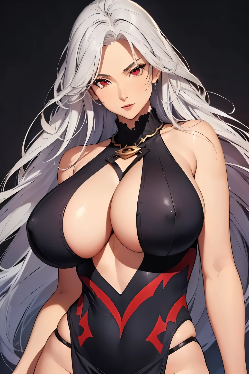 (masterpiece, best quality, detailed illustration, high resolution), ((1girl, solo)), ((huge breasts, large breasts, slim waist, long legs, fit body, toned body)), ((full body, closeup view)), ((standing)), ((looking at the viewer, facing the viewer)), ((tanned skin)), oiled skin, ((large breasts, mature woman, mature female, mature lady)), (detailed eyes, good eyes, better eyes), ((standing)), (grey hair), ((dress)), (straight hair), ((massive breasts)), (red eyes)