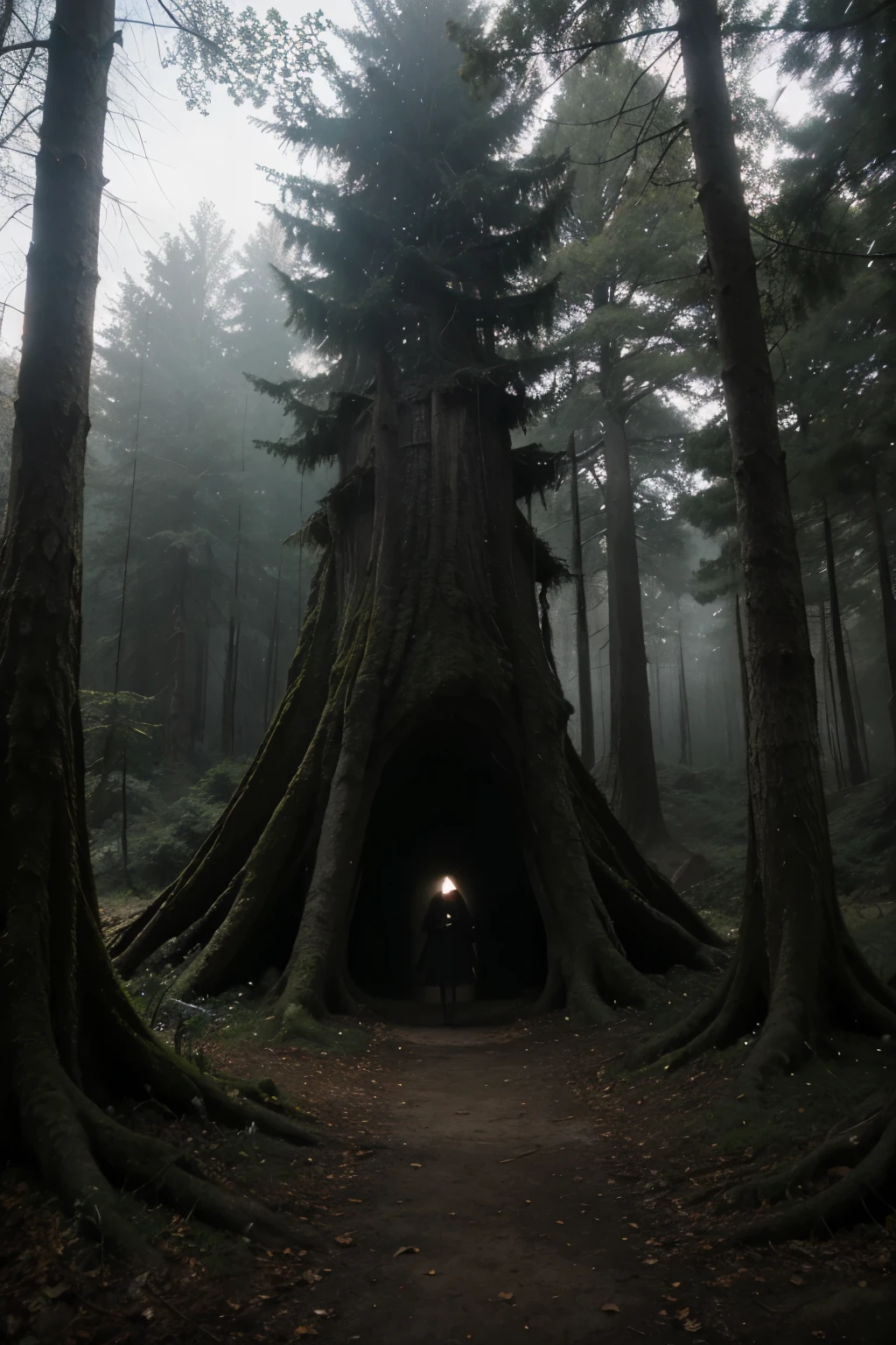 ((best quality)), ((masterpiece)), (detailed), a misty, ominous, and strange haunted forest haunted forest where ancient and hidden rituals take place and from which there is no escape.