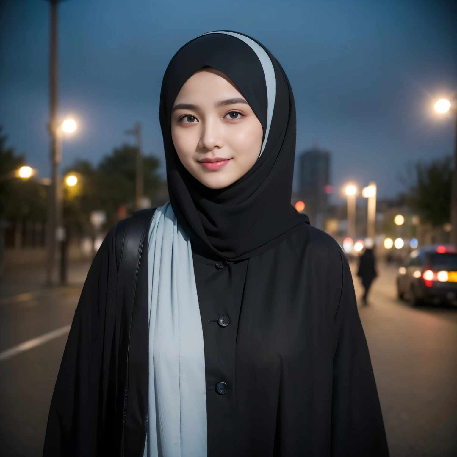 Muslim girl, hijab, (8K, RAW photo, highest quality, High resolution:1.1), (hyperrealistic:1.4),(realistic, photorealistic:1.3), soft light,realistic face,realistic body,realistic skin,disorganized,masterpiece,(cute:1.8), , baby face, Bs,(big:1.2),fine black eyes,innocent eyes,droopy eyes,Watery eye,open lips,blush,good style,colorful lights,film Grain,smile,full Body,blurred background,young,85mm lens, f/ 1.4,professional lighting,portrait,photon mapping,radio city,Physically based rendering,japanese girl, wearing black matte hijab, black abaya, twirling hijab, sky blue jacket, reading al quran, outside a bussy mosque,