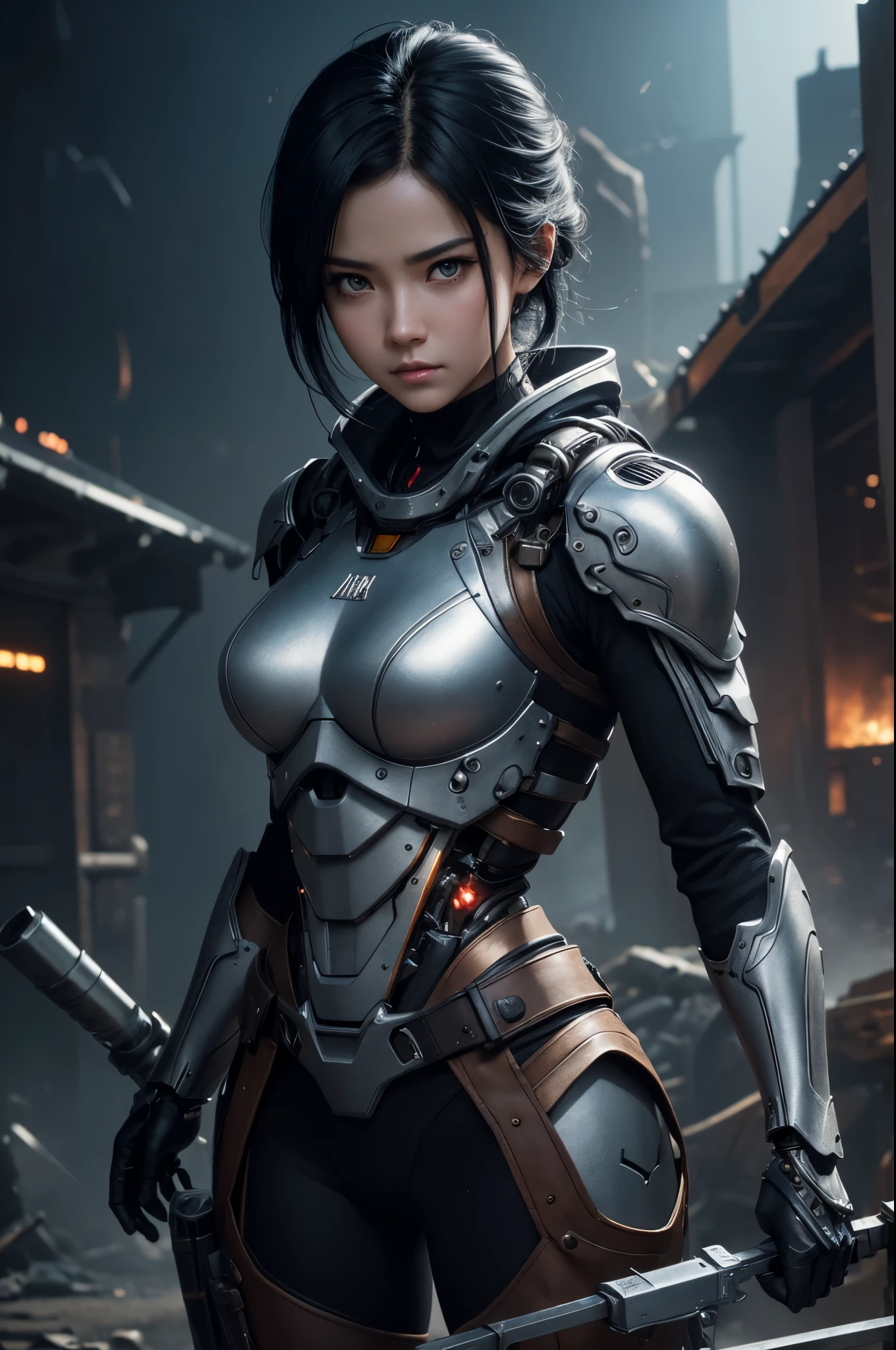 8K、Mechanical Lloyd with short black hair、skeleton mechanical roid girl、girl with exposed skeleton、detailed digital anime art、Glowing LED(effect)U3D rendering character art 8K、photorealistic girl rendering、8K high quality detail art、2。5d cgi anime fantasy artwork、Beautiful girl mechanical roid、Guweiz style artwork,超A high resolution,Super realistic texture,masterpiece,Photorealistic RAW photos of the highest quality。bright colors,rich colors, Backlight, cinematic lighting, film grain, to be born, 50MM lens, Nikon D850,super realistic skin,fantasy art,character art,ultra high resolution,realistic scale skin,Perfect hand shape,view audience,beautiful expression,Close-up,Camera eye effect with red left eye),Mechanical parts are exposed in several places.,medieval mountainous region,brown and black adventurer equipment,terminator,wilderness,dynamic pose,wrestle,take a stand,give a sharp look,angry expression,長くて大きな矛をtake a stand,