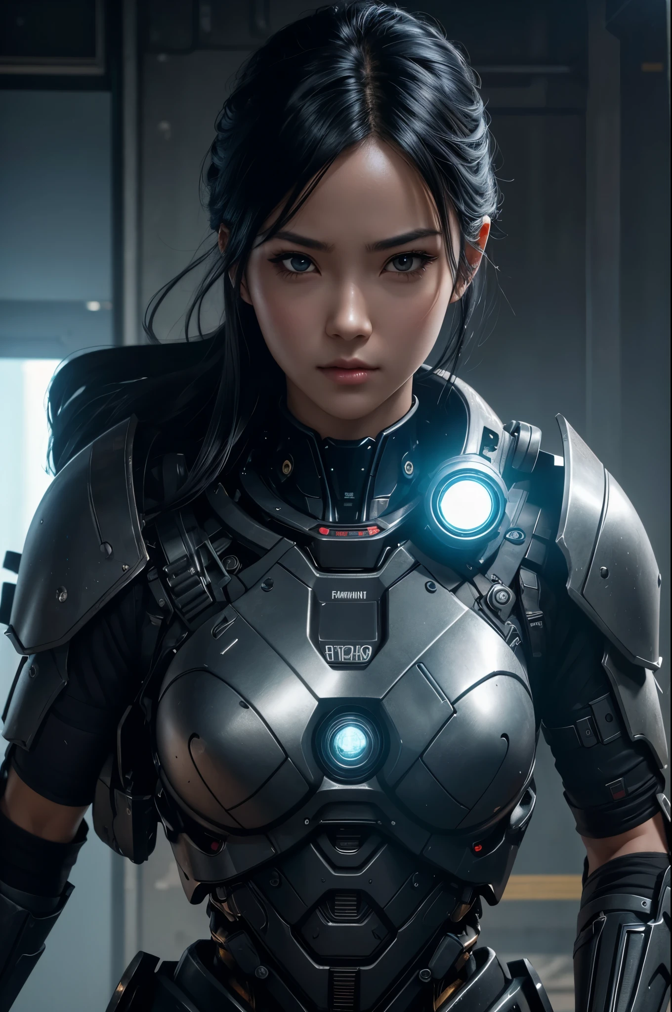 8K、Mechanical Lloyd with short black hair、skeleton mechanical roid girl、girl with exposed skeleton、detailed digital anime art、Glowing LED(effect)U3D rendering character art 8K、photorealistic girl rendering、8K high quality detail art、2。5d cgi anime fantasy artwork、Beautiful girl mechanical roid、Guweiz style artwork,超A high resolution,Super realistic texture,masterpiece,Photorealistic RAW photos of the highest quality。bright colors,rich colors, Backlight, cinematic lighting, film grain, to be born, 50MM lens, Nikon D850,super realistic skin,fantasy art,character art,ultra high resolution,realistic scale skin,Perfect hand shape,view audience,beautiful expression,Close-up,Camera eye effect with red left eye),Mechanical parts are exposed in several places.,medieval mountainous region,brown and black adventurer equipment,terminator,wilderness,dynamic pose,wrestle,take a stand,give a sharp look,angry expression,長くて大きな矛をtake a stand,