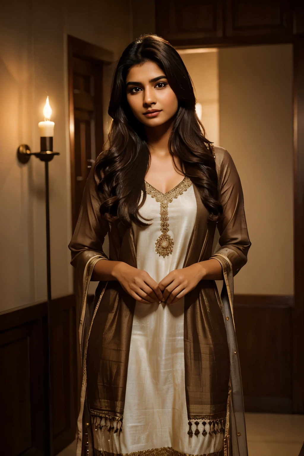Crafting a compelling scene featuring a confident 23-year-old Indian woman with messy long, dark brown hair, fair skin, clear facial features, elegantly wearing a dupatta and kurti in a realistic 8K setting.big boods